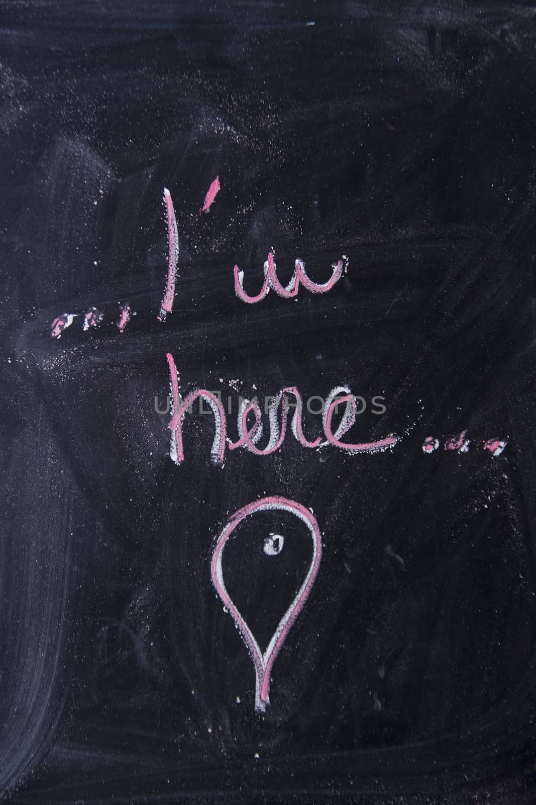 Graphic representation with chalk on the blackboard of the sentence ... I am here ...