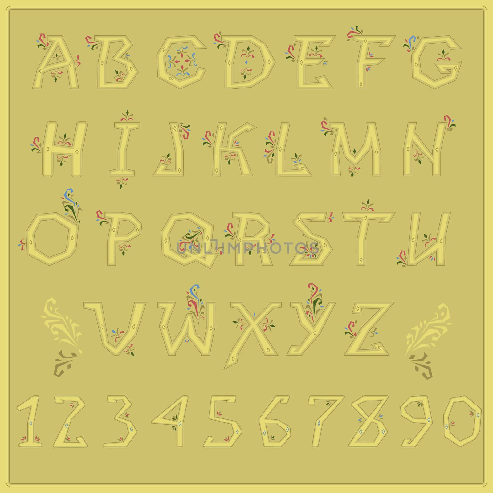 Country Alphabet with Floral Pattern. Illustration