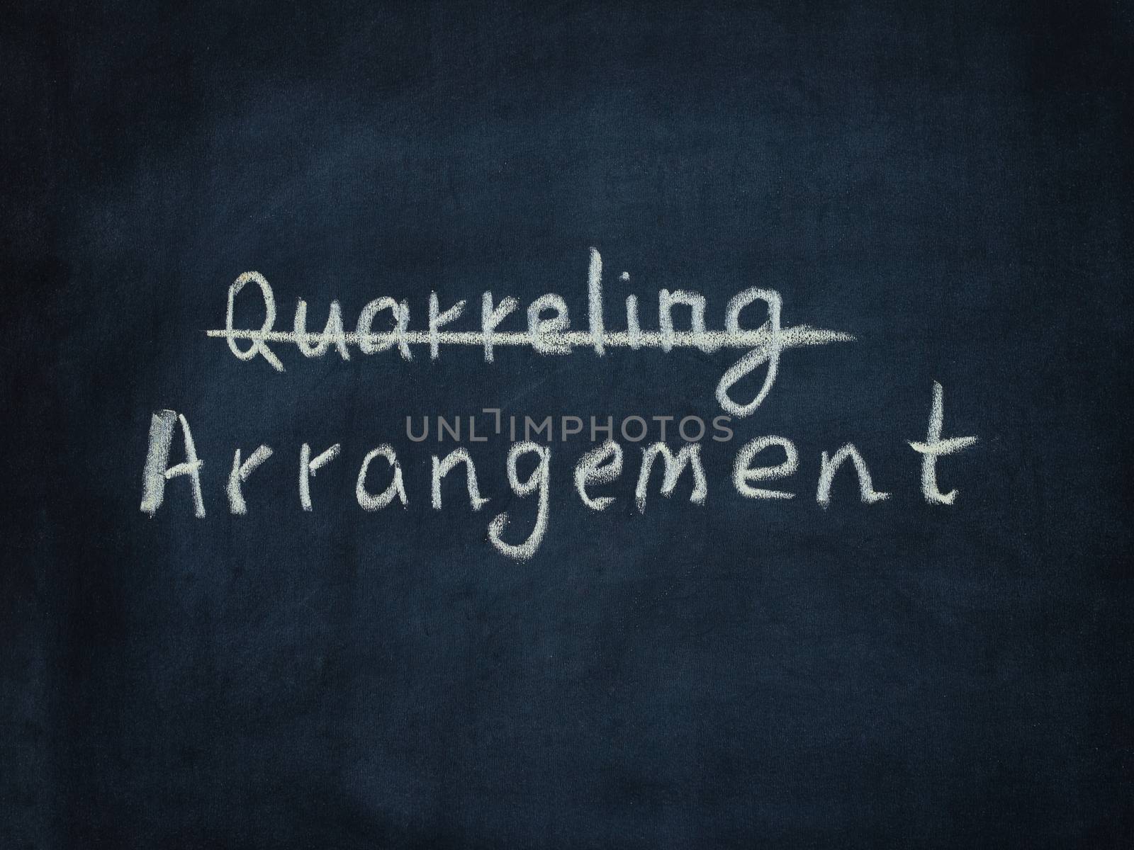 Word Arrangement and crossed out word Quarreling on black chalkboard. Psychology concept