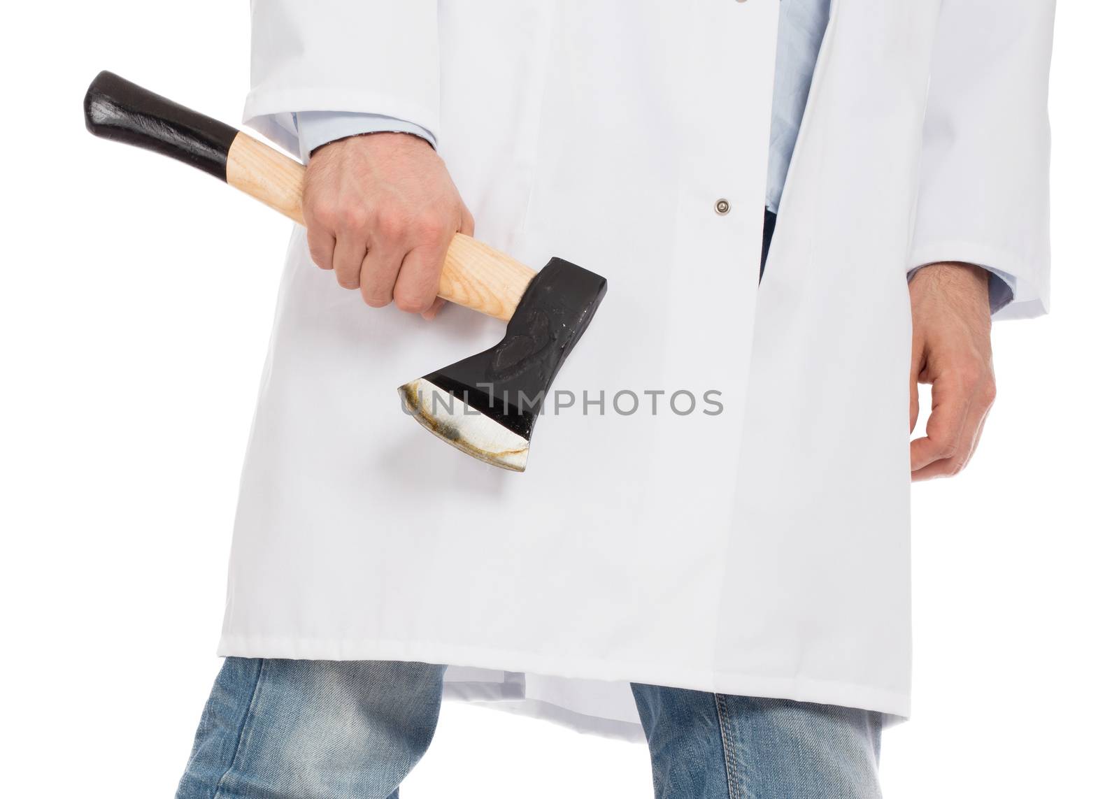 Evil medic holding a small axe, isolated on white