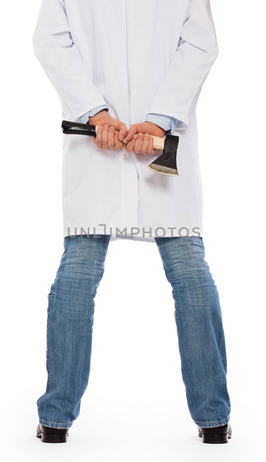 Evil medic holding a small axe, isolated on white