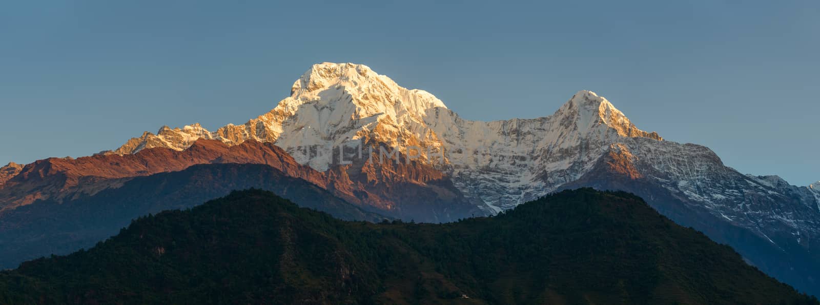 The Annapurna South and the Hiunchuli at sunrise panoramic view, Nepal