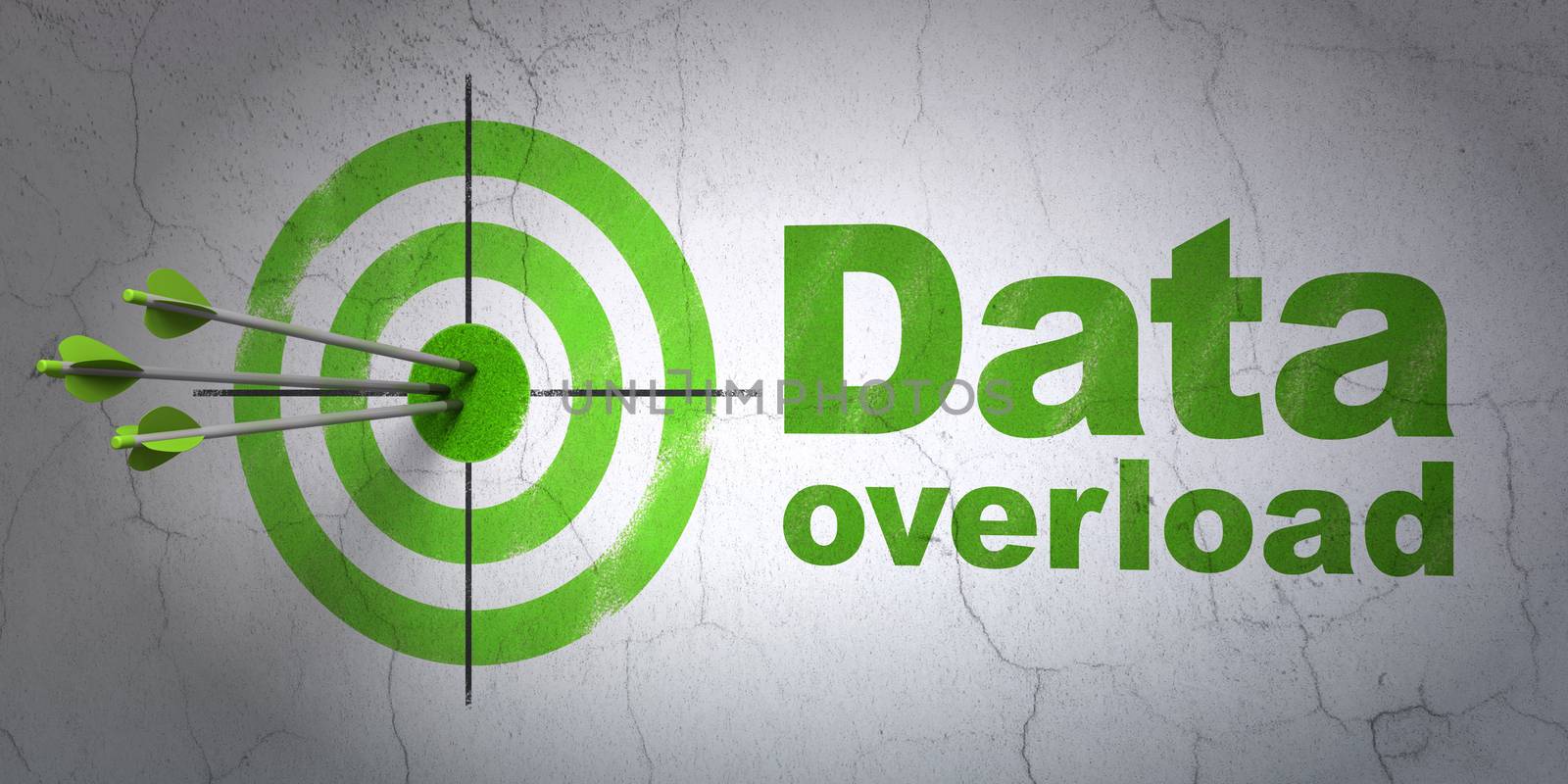 Success Data concept: arrows hitting the center of target, Green Data Overload on wall background, 3D rendering