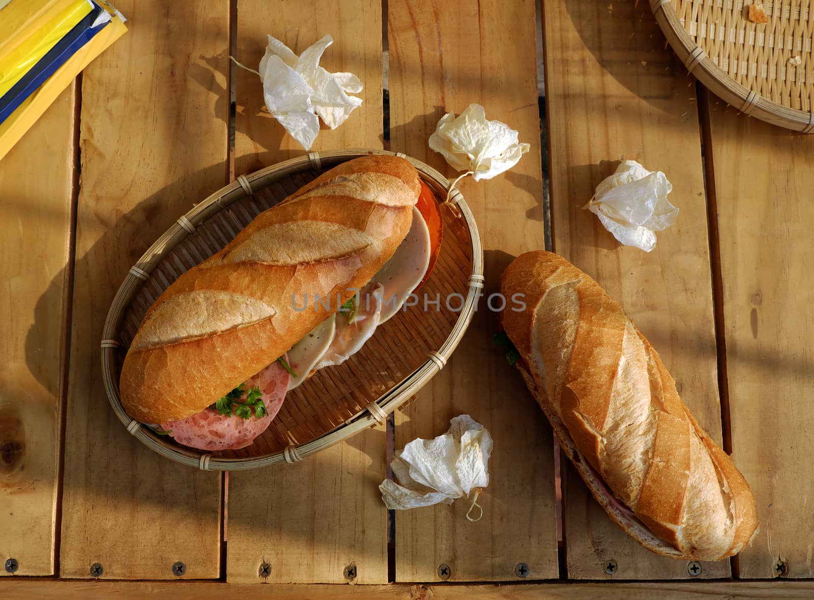 Vietnamese food, banh mi Viet Nam, a famous eating for morning with tasty and convenient for modern life, bread on table for breakfast as fast food product in Vietnam