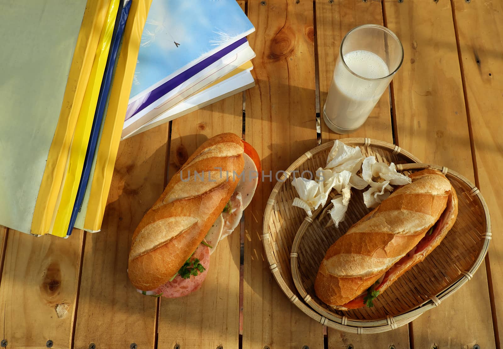 Vietnamese food, banh mi Viet Nam, a famous eating for morning with tasty and convenient for modern life, bread on table for breakfast as fast food product in Vietnam