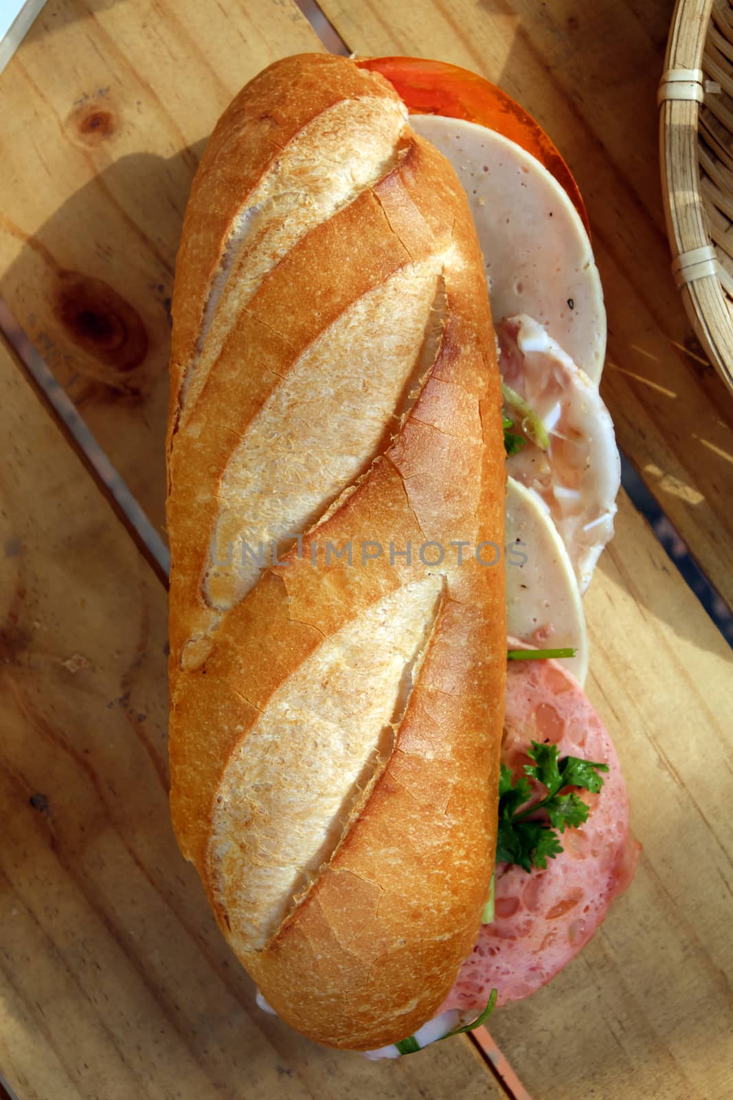 Vietnamese food, banh mi Viet Nam, a famous eating for morning with tasty and convenient for modern life, bread on table for breakfast as fast food product in Vietnam