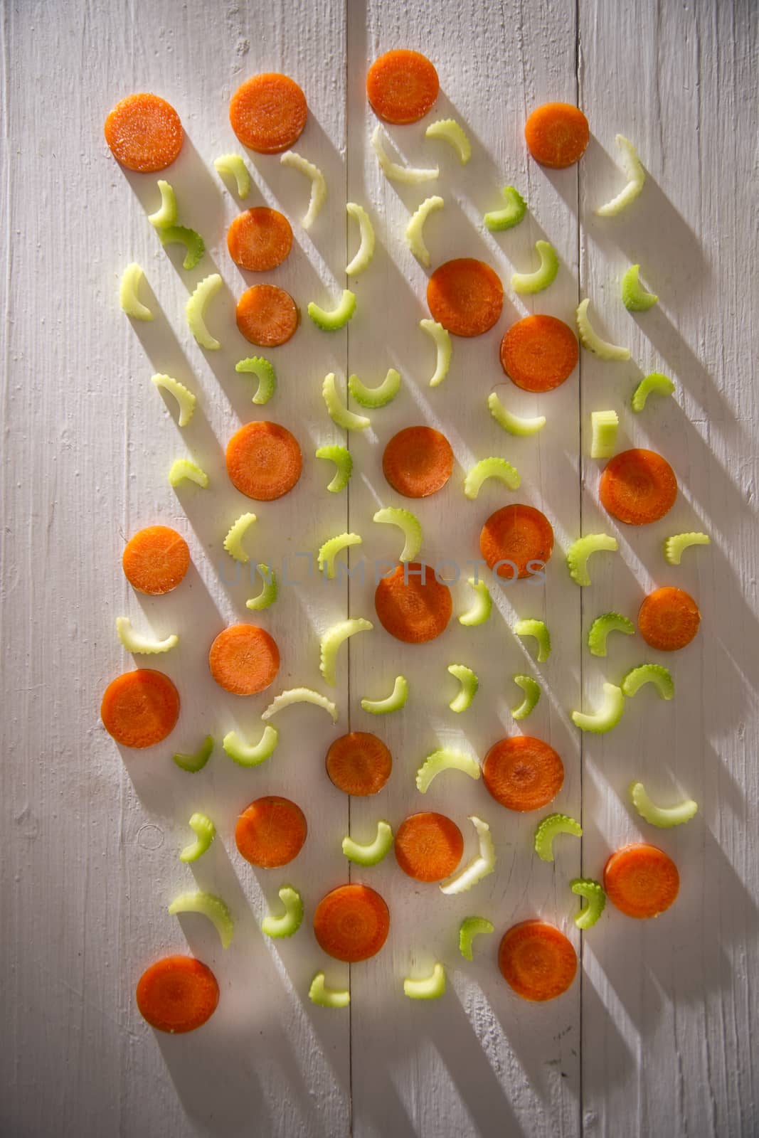 Presentation of vegetables celery and carrots cut into small slices