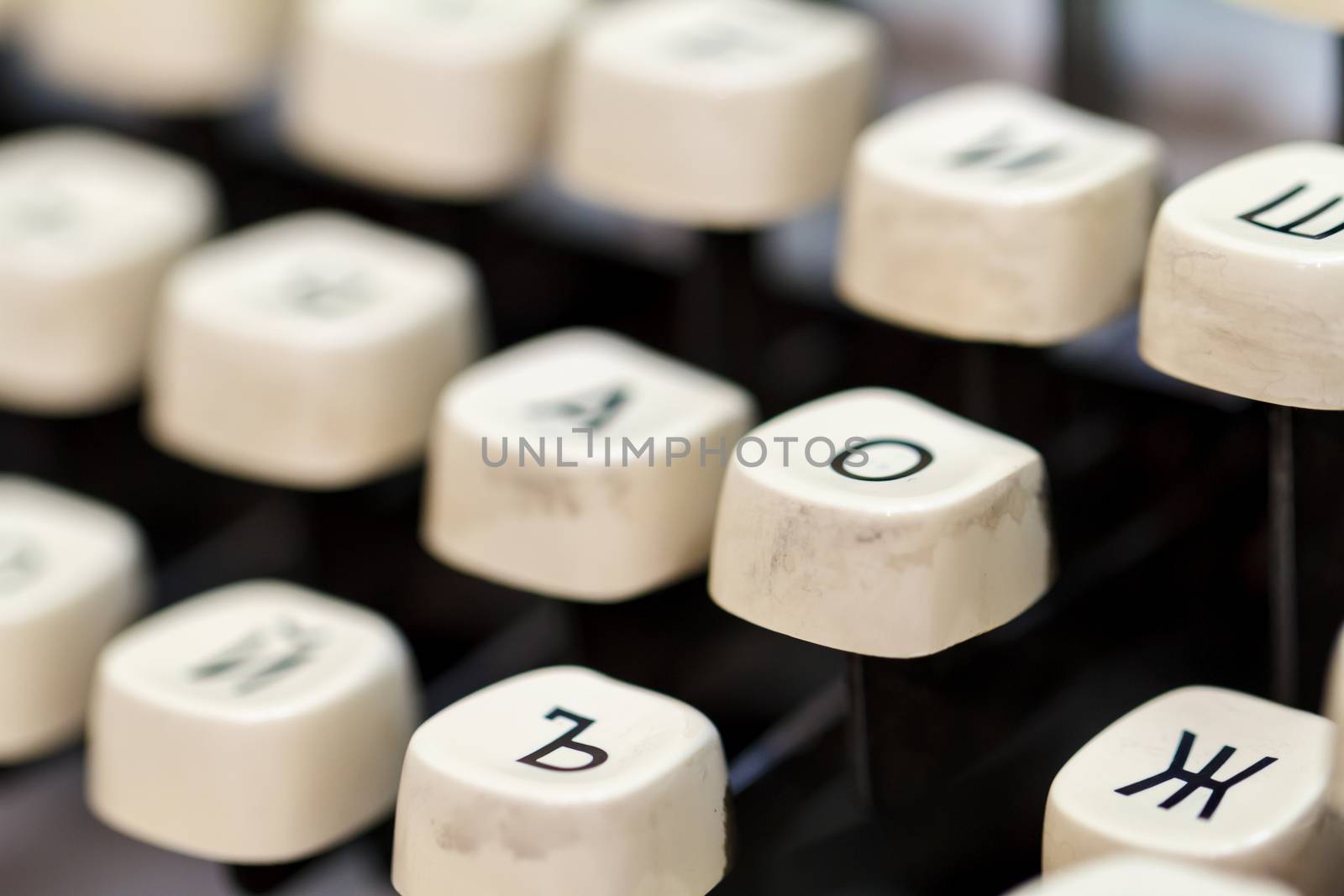 Close up detailed view of historical old typewriter in bulgarian language.