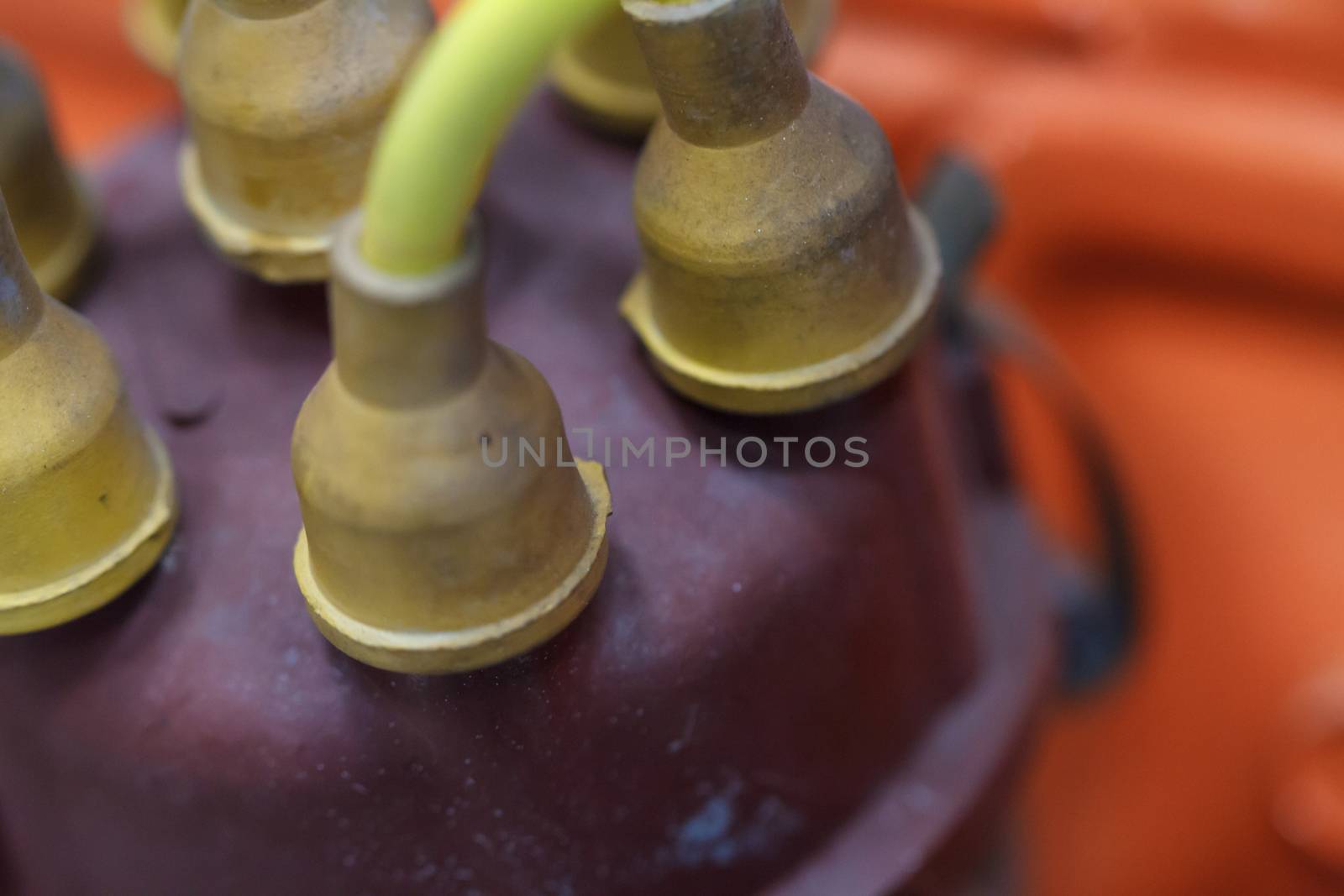 Close up detailed view of historical old green plastic cables and pipes.