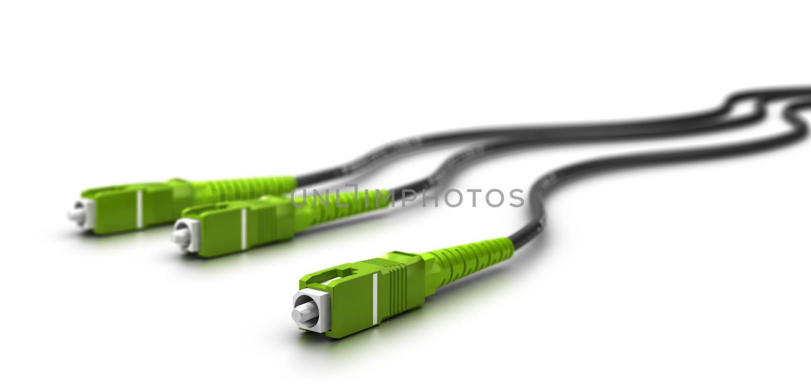 Optical fiber cables with connectors over white background, 3D illustration