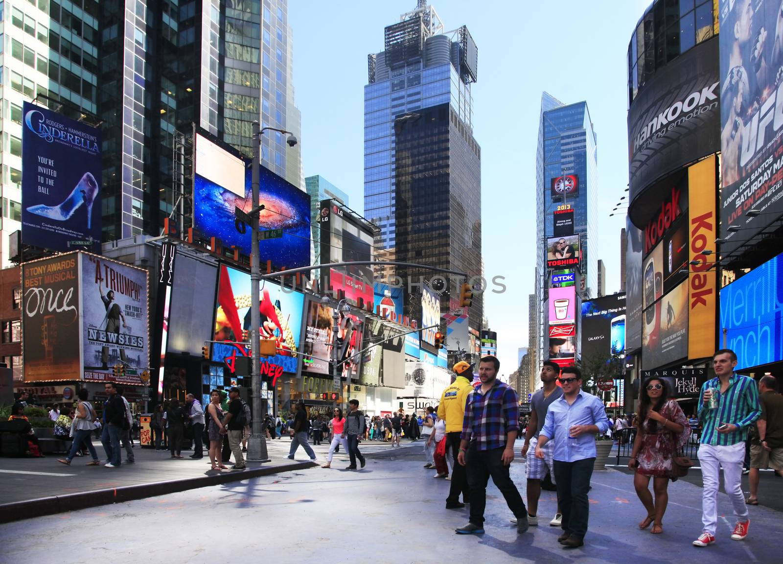 New York, NY, USA - May 17, 2013: Times Square, featured with Broadway Theaters and huge number of LED signs, is a symbol of New York City and the United States, May 17, 2013 in Manhattan, New York City