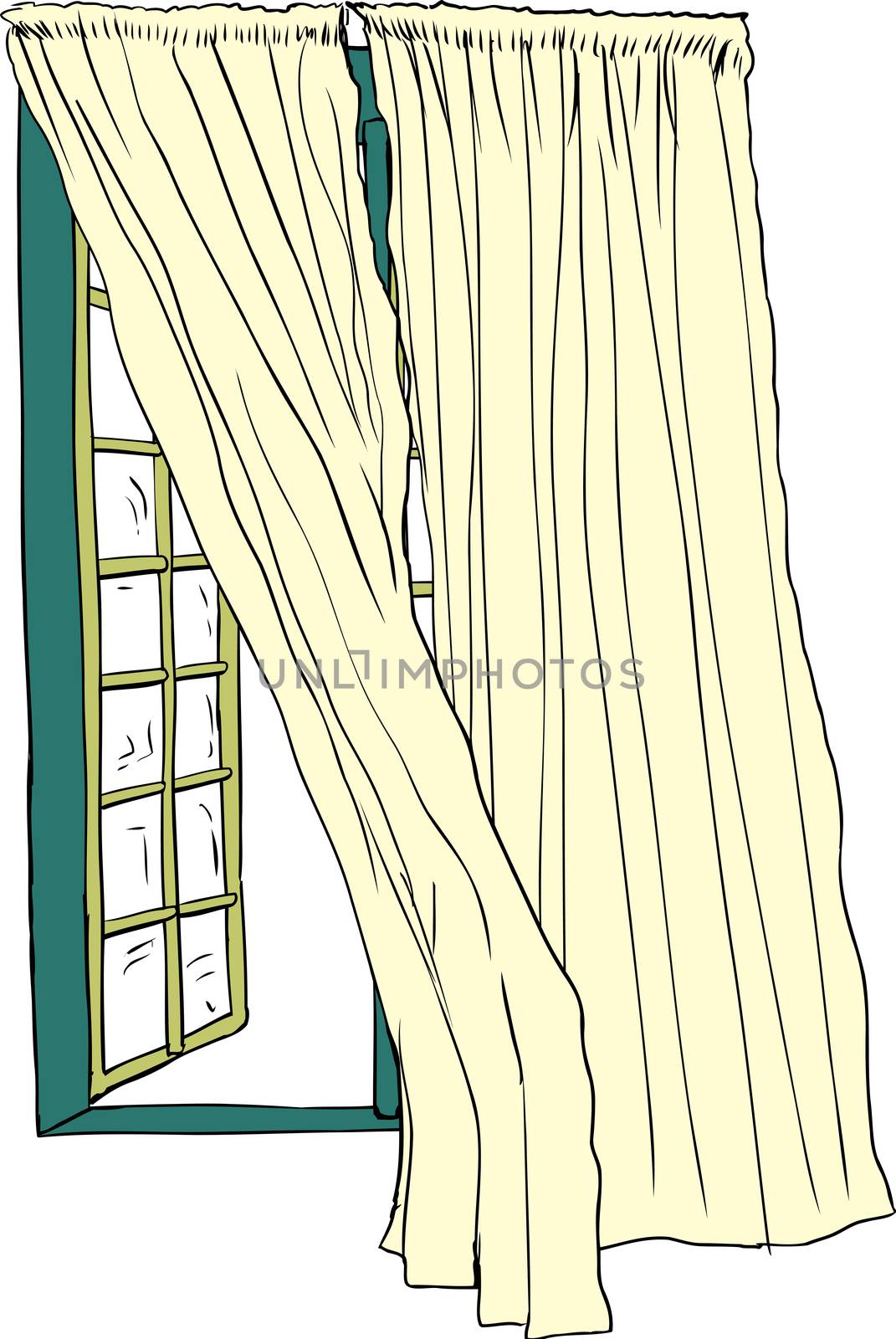 Front view on isolated hand drawn illustration of open casement window with blowing curtains