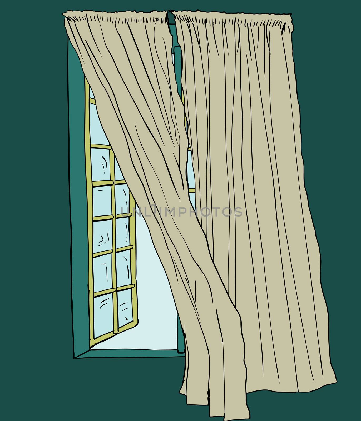 Hand drawn drapes blowing in wind beside open casement window indoors