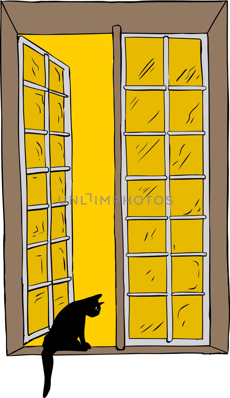 Isolated hand drawn illustration of open casement window and cat with yellow sky