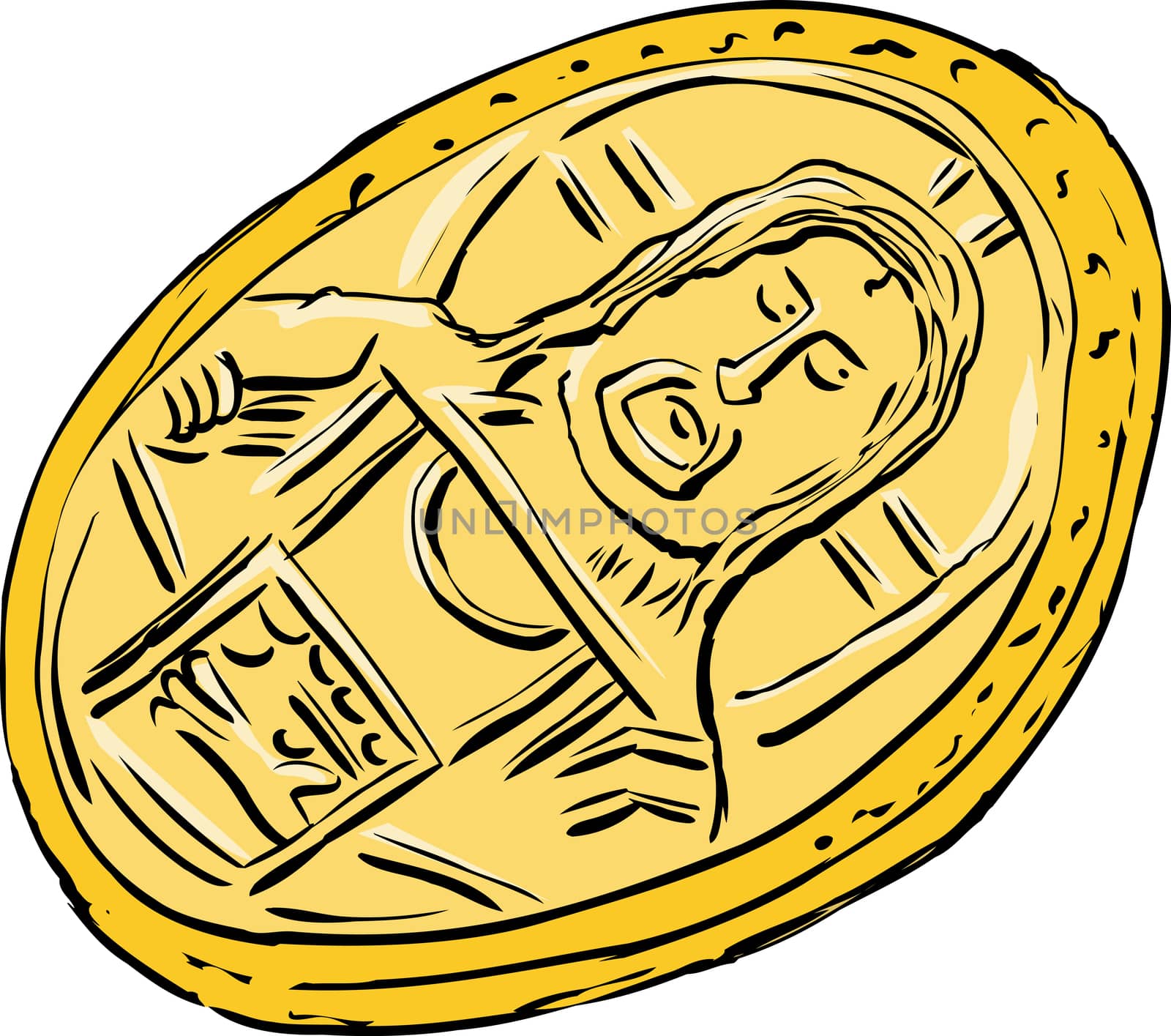 Cartoon of single Histamenon gold coin from the Byzantine Empire over white