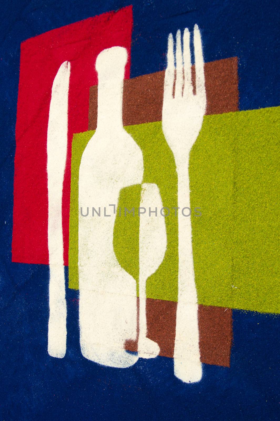 Graphic representation of the concept of wine on the table with glass and cutlery