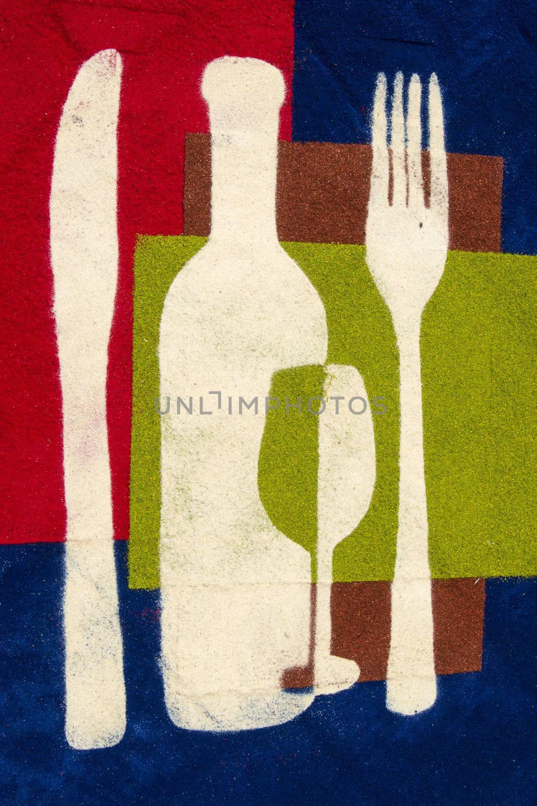 Graphic representation of the concept of wine on the table with glass and cutlery