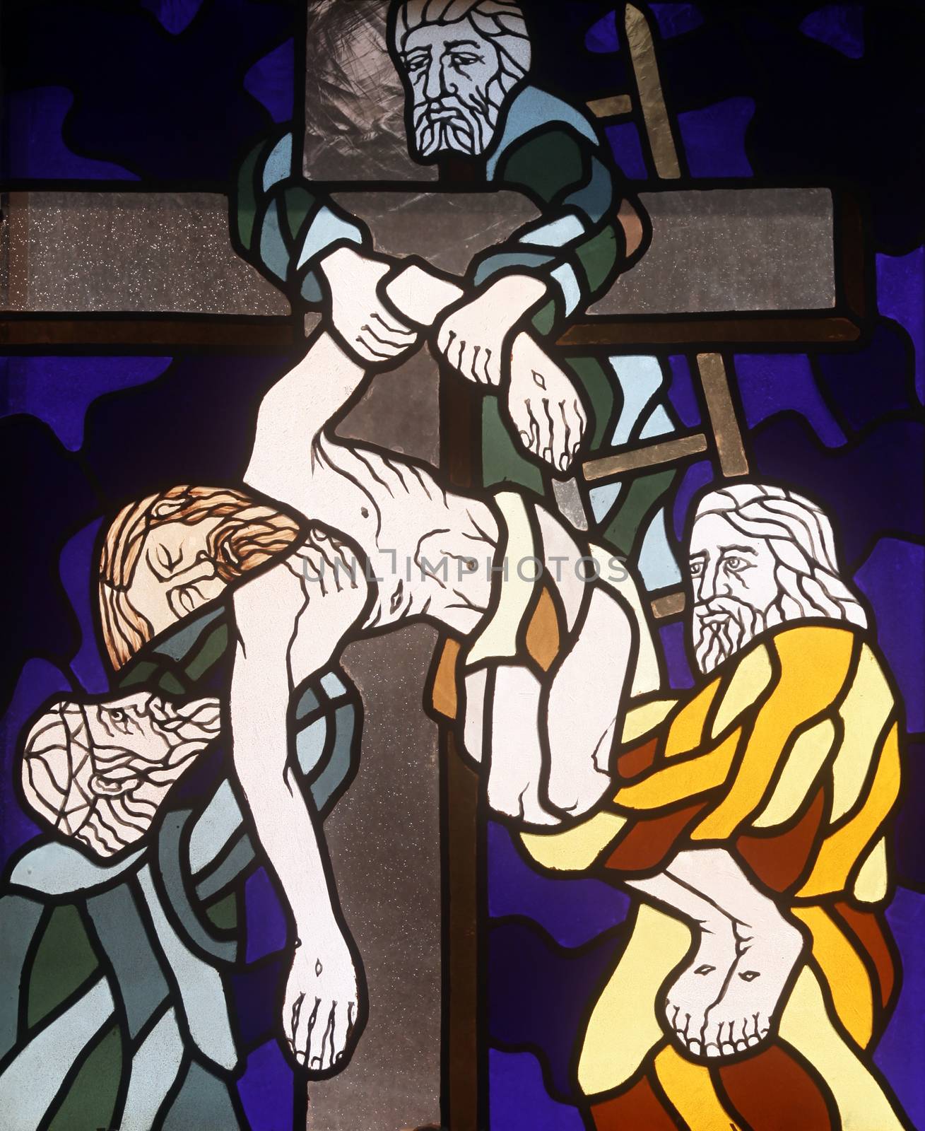 13th Stations of the Cross, Jesus' body is removed from the cross, stained-glass window in the church of St. John the Baptist in Rijeka, Croatia