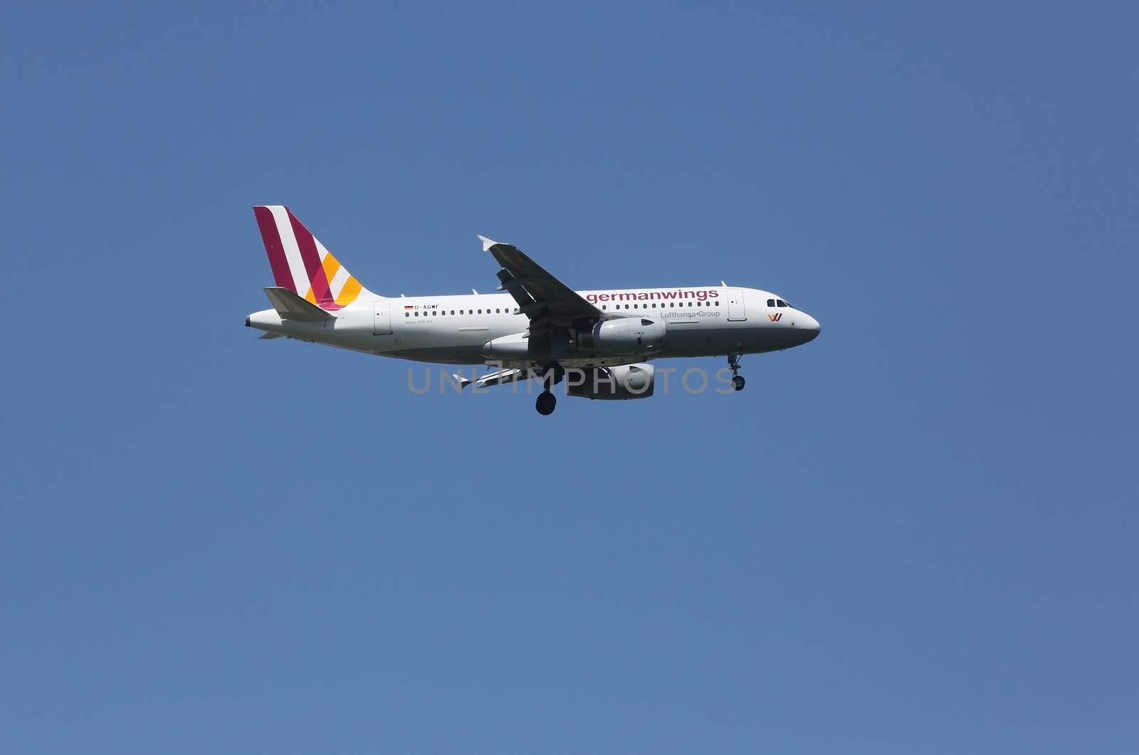 Airbus A319, registration D-AGWF of Germanwings landing on Zagreb Airport Pleso on June 10, 2015.