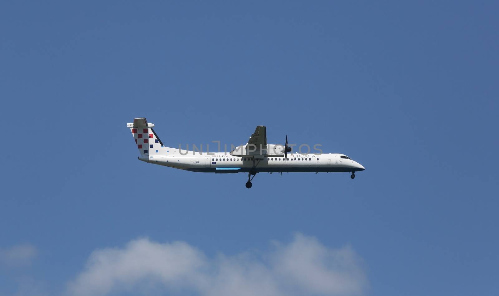 Bombardier DH8D, registration 9A-CQF of Croatia Airlines landing on Zagreb Airport Pleso