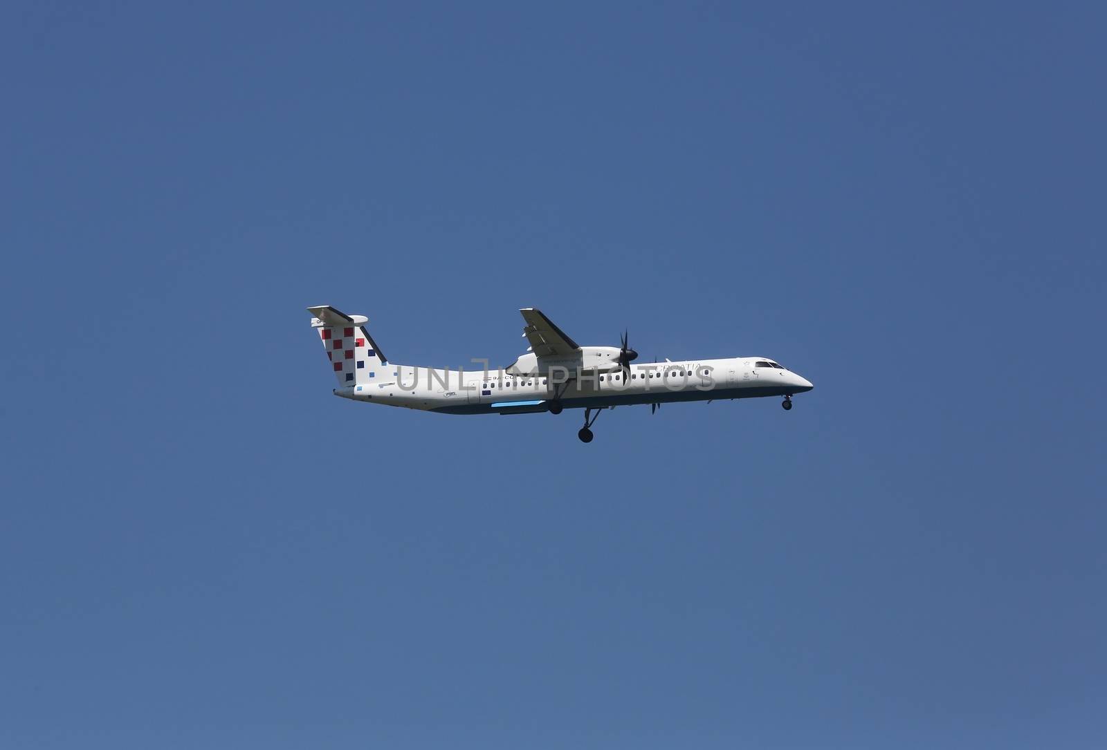 Bombardier DH8D, registration 9A-CQF of Croatia Airlines landing on Zagreb Airport Pleso