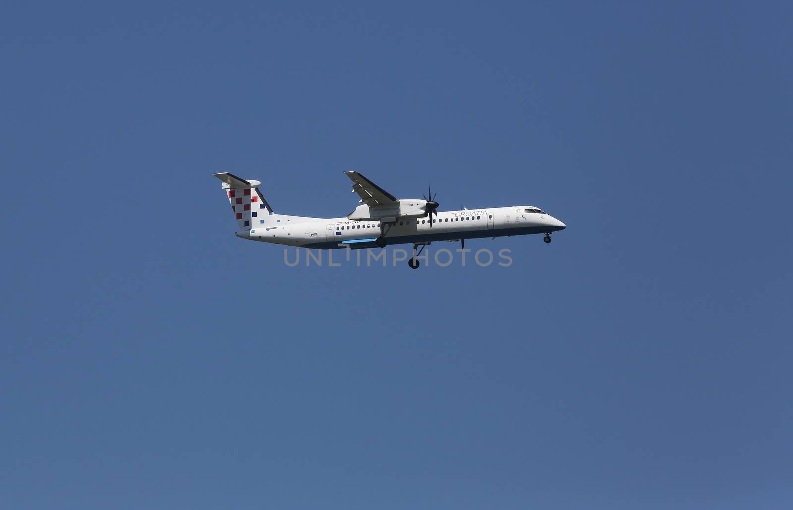 Bombardier DH8D, registration 9A-CQF of Croatia Airlines landing on Zagreb Airport Pleso