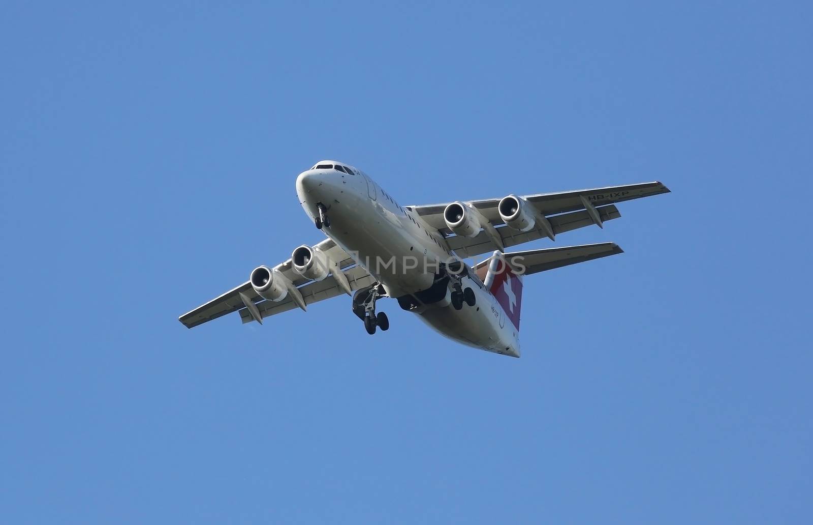 Avro RJ100, registration XB-IXP of Swiss  Airlines landing on Zagreb Airport Pleso