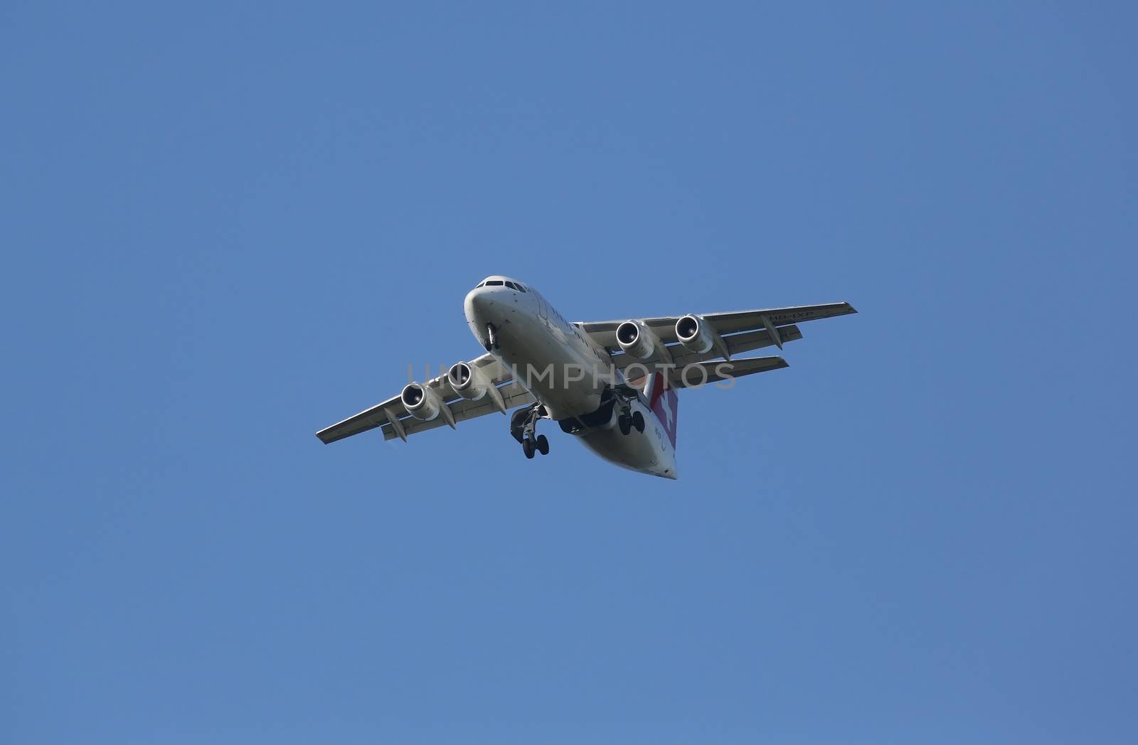 Avro RJ100, registration XB-IXP of Swiss  Airlines landing on Zagreb Airport Pleso