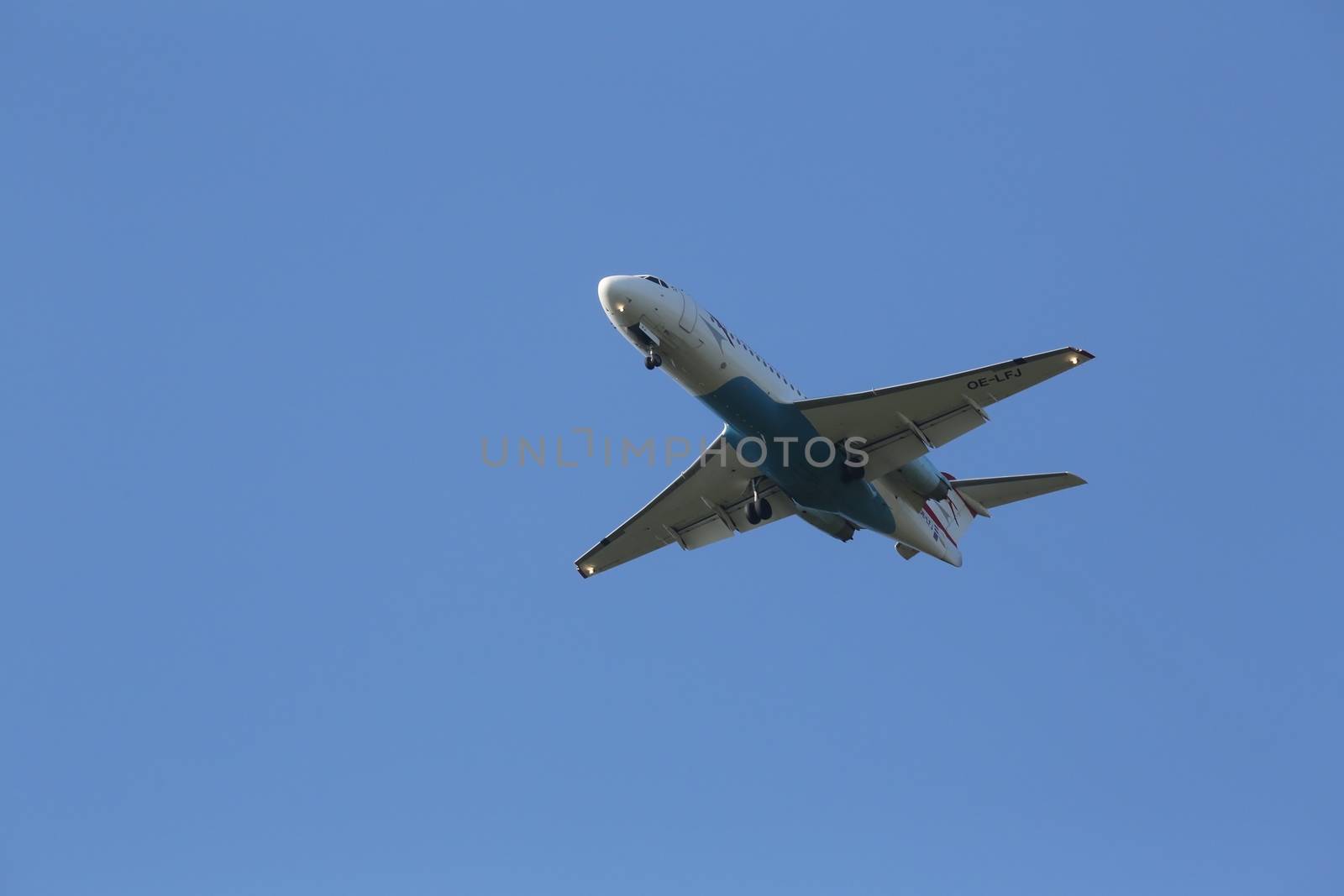 Fokker F70, registration OE-LFJ of Austrian Airlines landing on Zagreb Airport Pleso