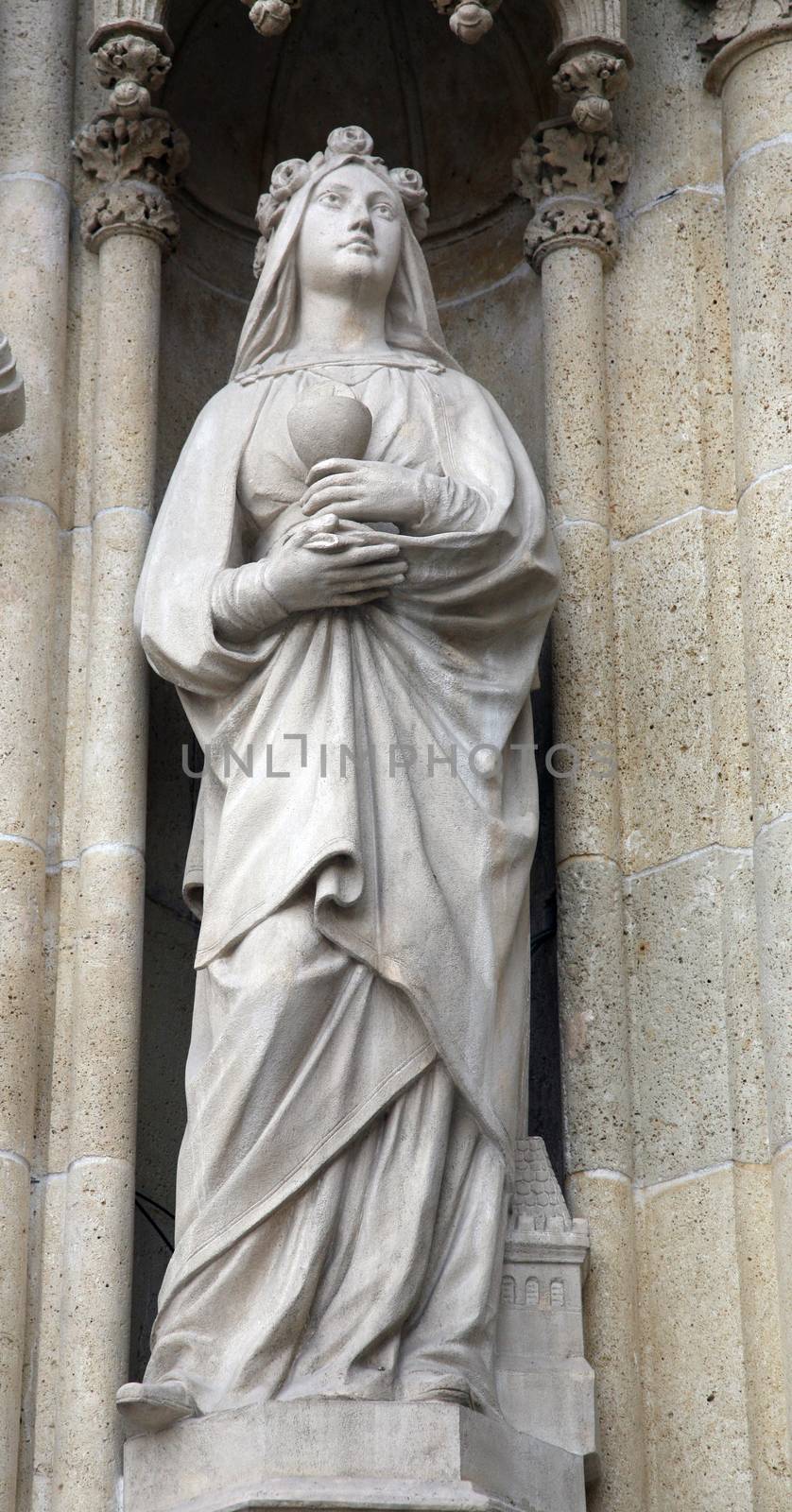 Statue of Saint Barbara on the portal of the cathedral dedicated to the Assumption of Mary in Zagreb