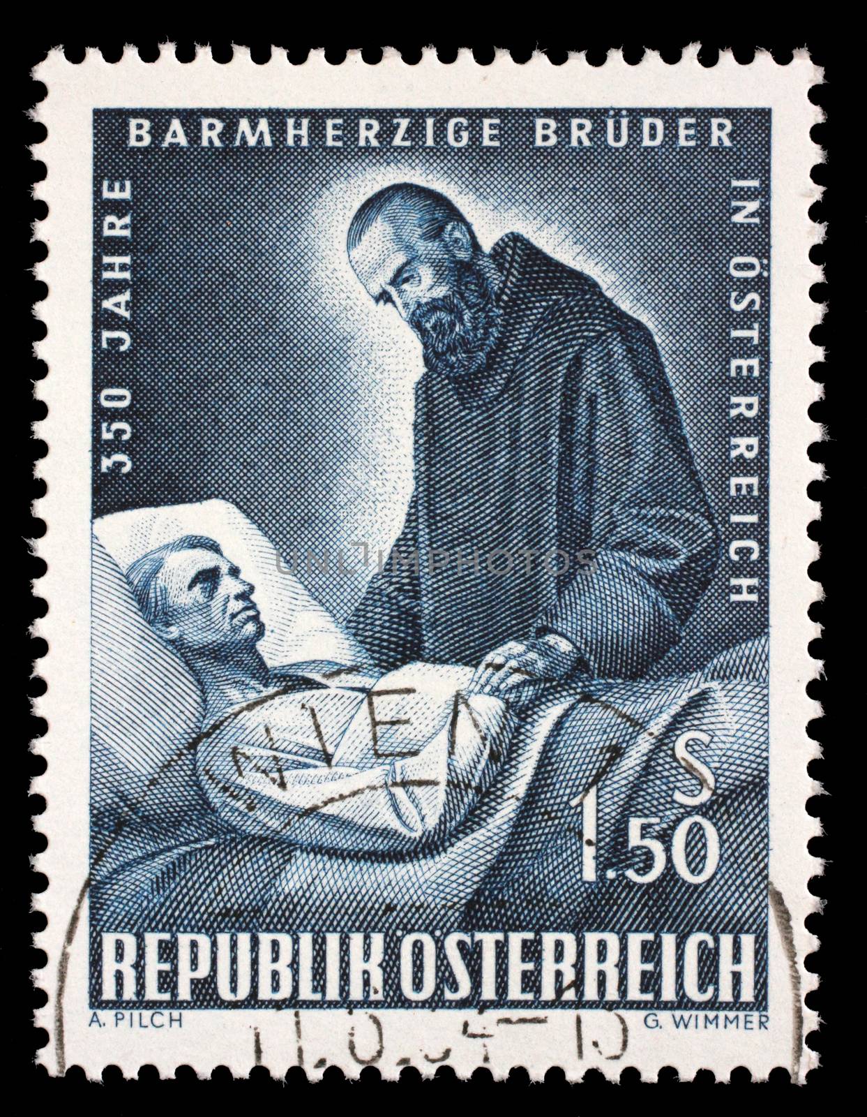 Stamp printed by Austria, shows Brother of Mercy and Patient by atlas