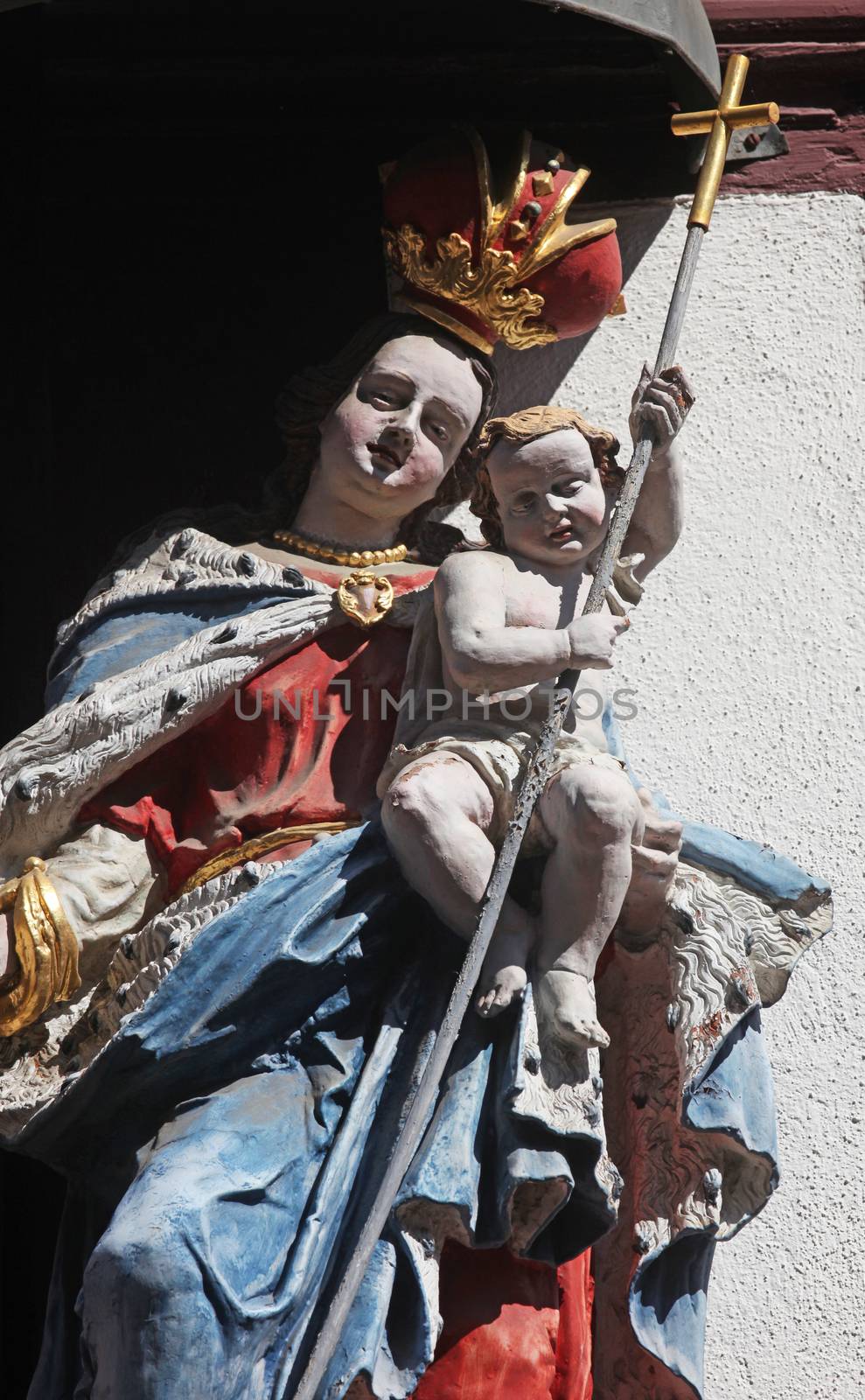 Madonna with child Jesus, Statue on the main street of Miltenberg in Lower Franconia, Bavaria, Germany