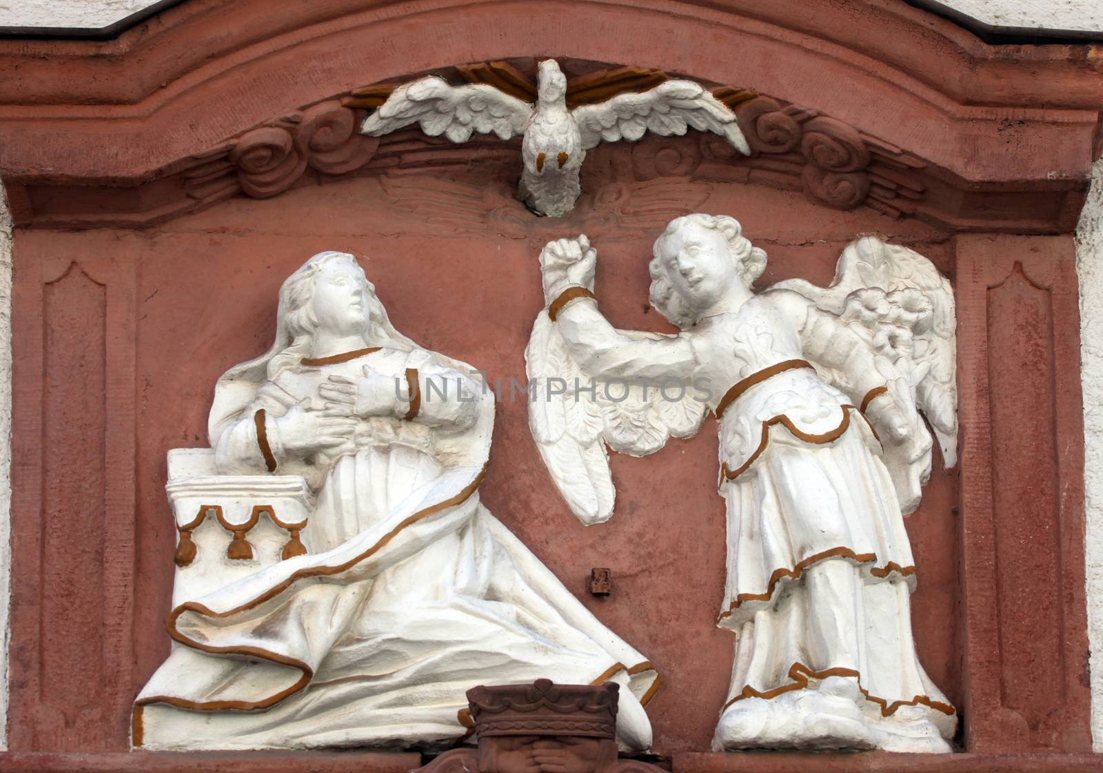 The Annunciation , bass relief on the main street of Miltenberg in Lower Franconia, Bavaria, Germany