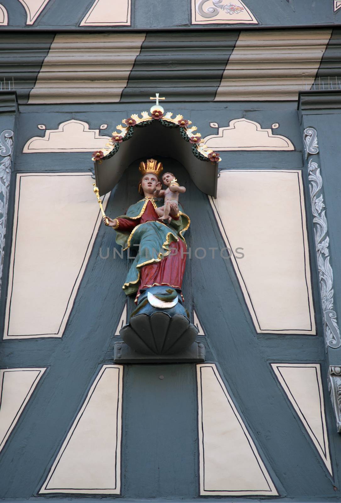 Madonna with child Jesus, Statue on the main street of Miltenberg in Lower Franconia, Bavaria, Germany