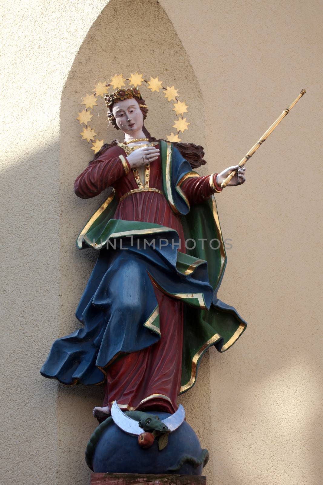 Statue of Virgin Mary, Main street of Miltenberg in Lower Franconia, Bavaria Germany