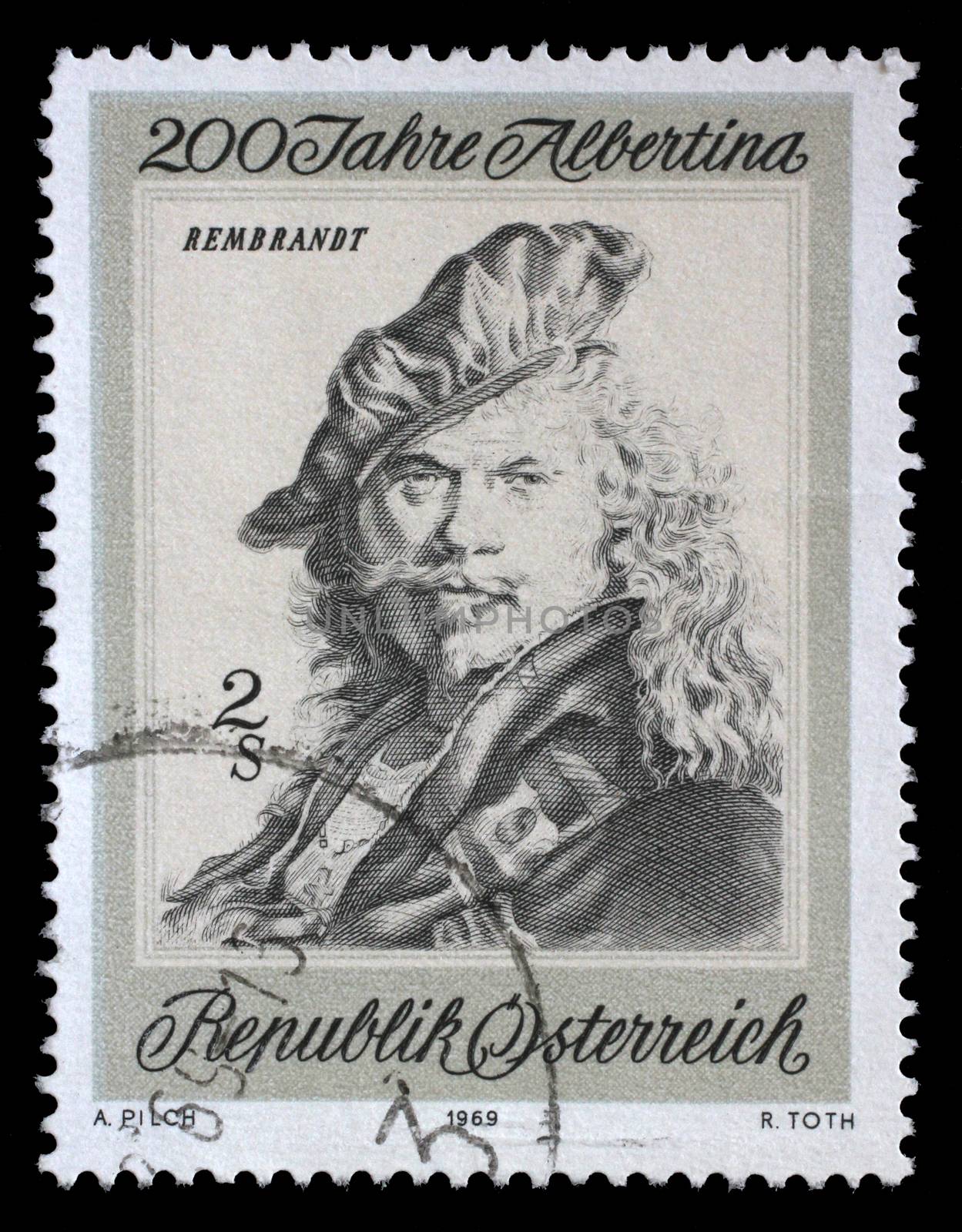 Stamp printed in the Austria shows Self-portrait, by Rembrandt by atlas