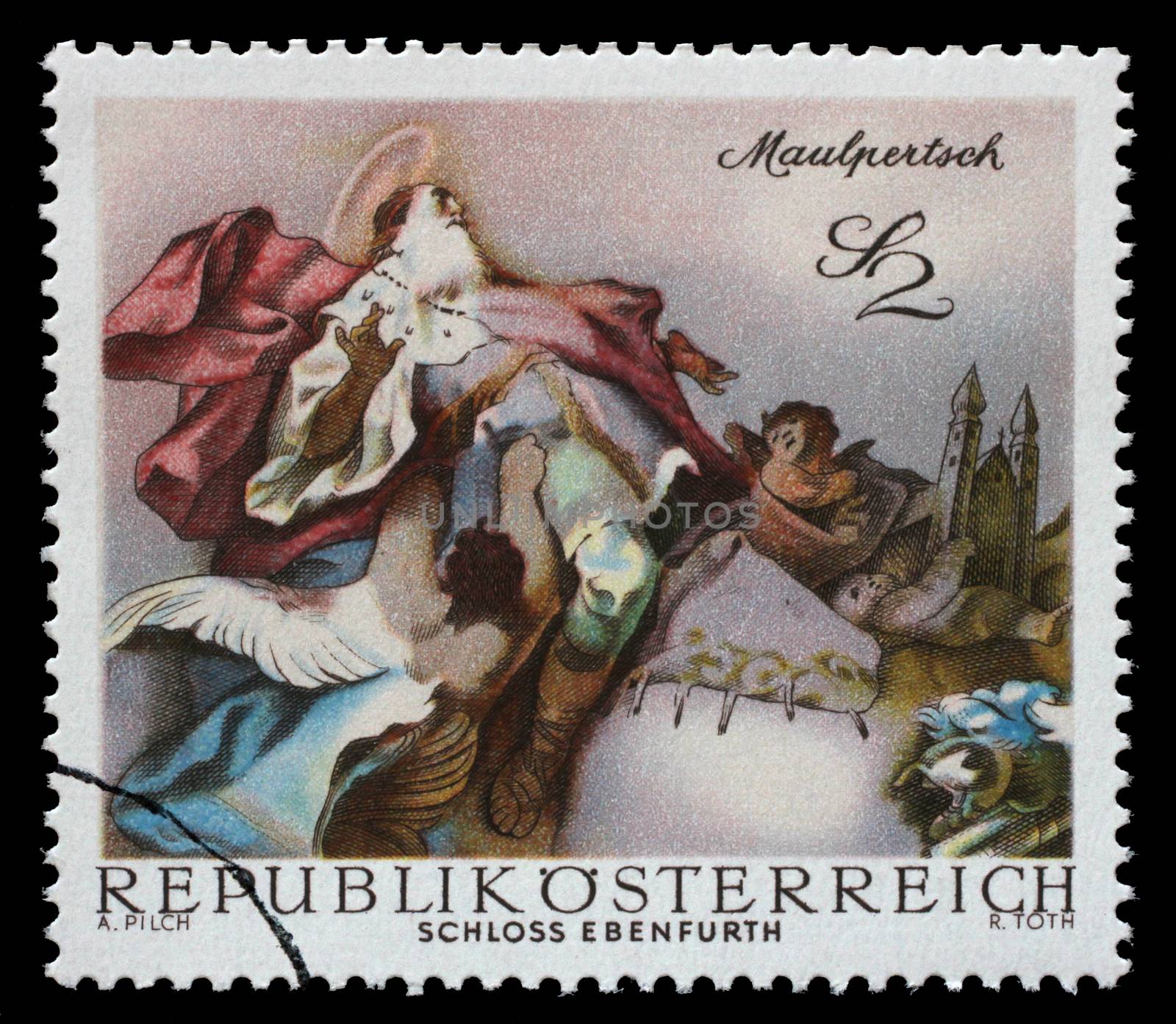 Stamp printed in the Austria shows St. Leopold Carried into Heaven, by Maulpertsch, Baroque Fresco, Ebenfurth Castle Chapel, circa 1968
