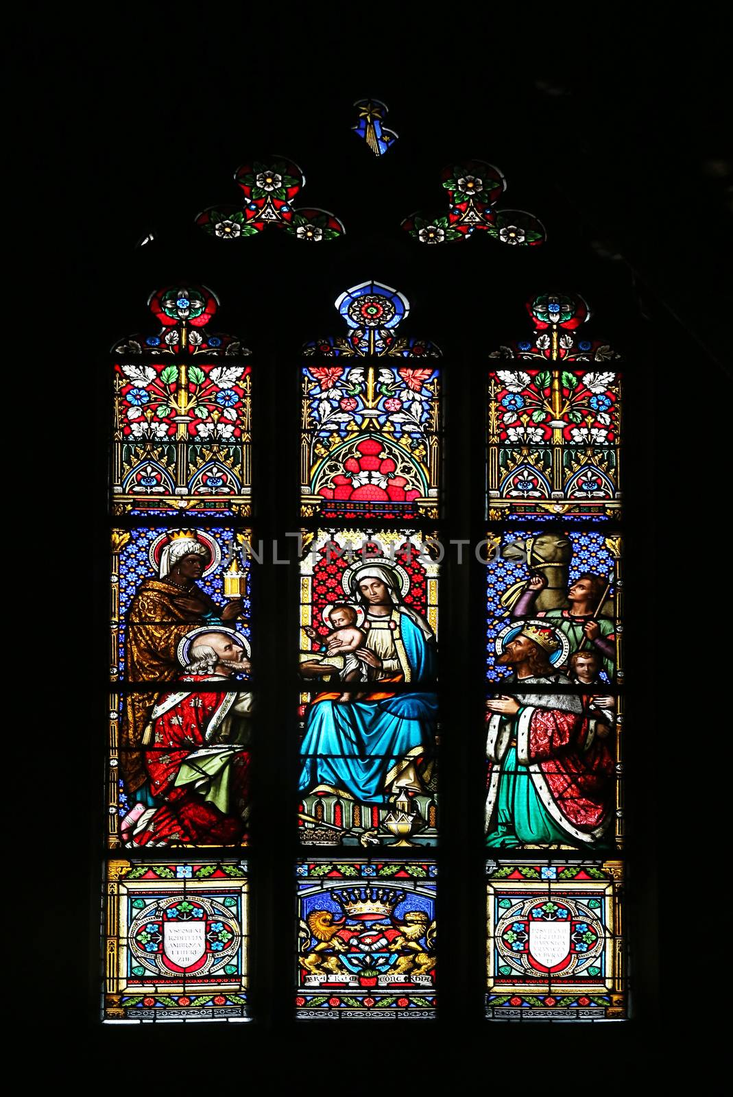 Nativity Scene, Adoration of the Magi, stained glass window in parish church of Saint Mark in Zagreb, Croatia