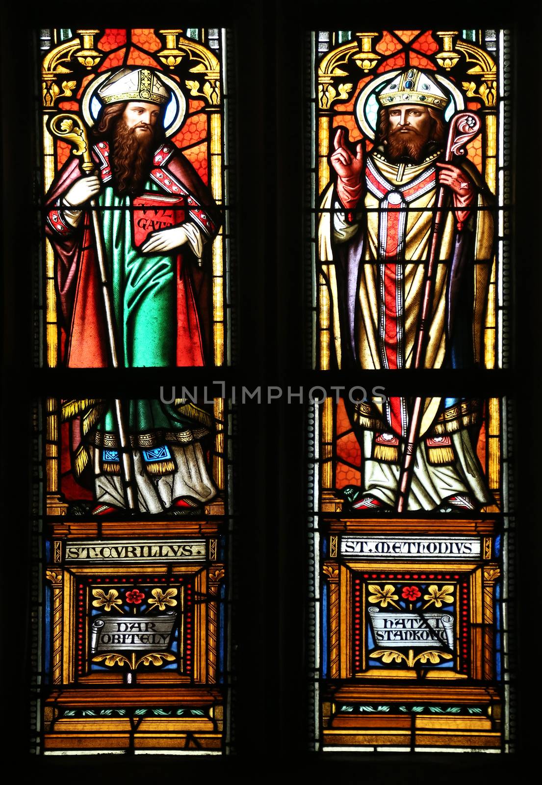 Saint Cyril and Methodius, stained glass window in parish church of Saint Mark in Zagreb, Croatia