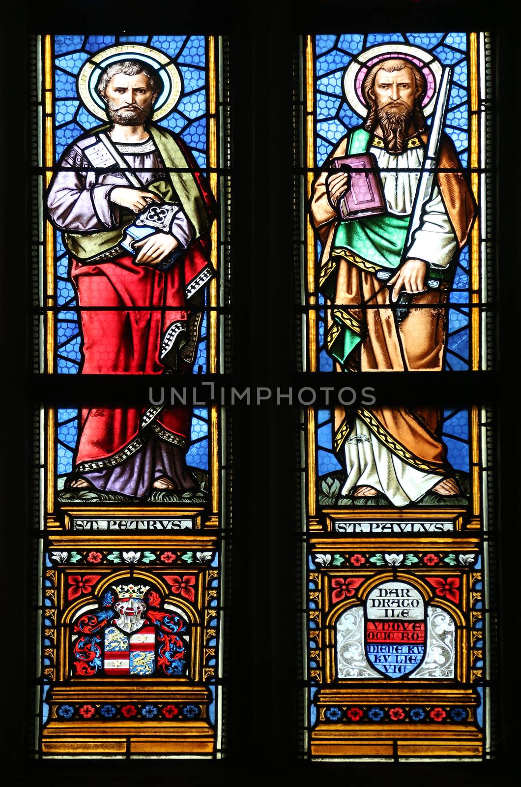 Saint Peter and Paul, stained glass window in parish church of Saint Mark in Zagreb, Croatia