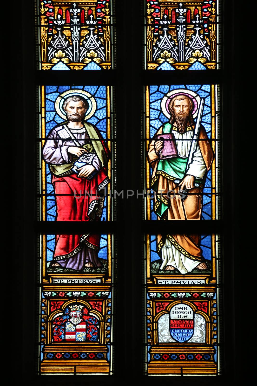 Saint Peter and Paul, stained glass window in parish church of Saint Mark in Zagreb, Croatia