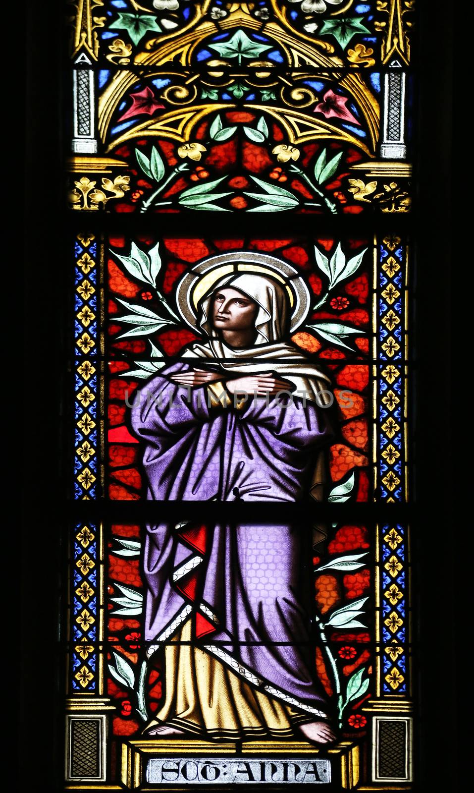 Saint Ann, stained glass window in parish church of Saint Mark in Zagreb, Croatia