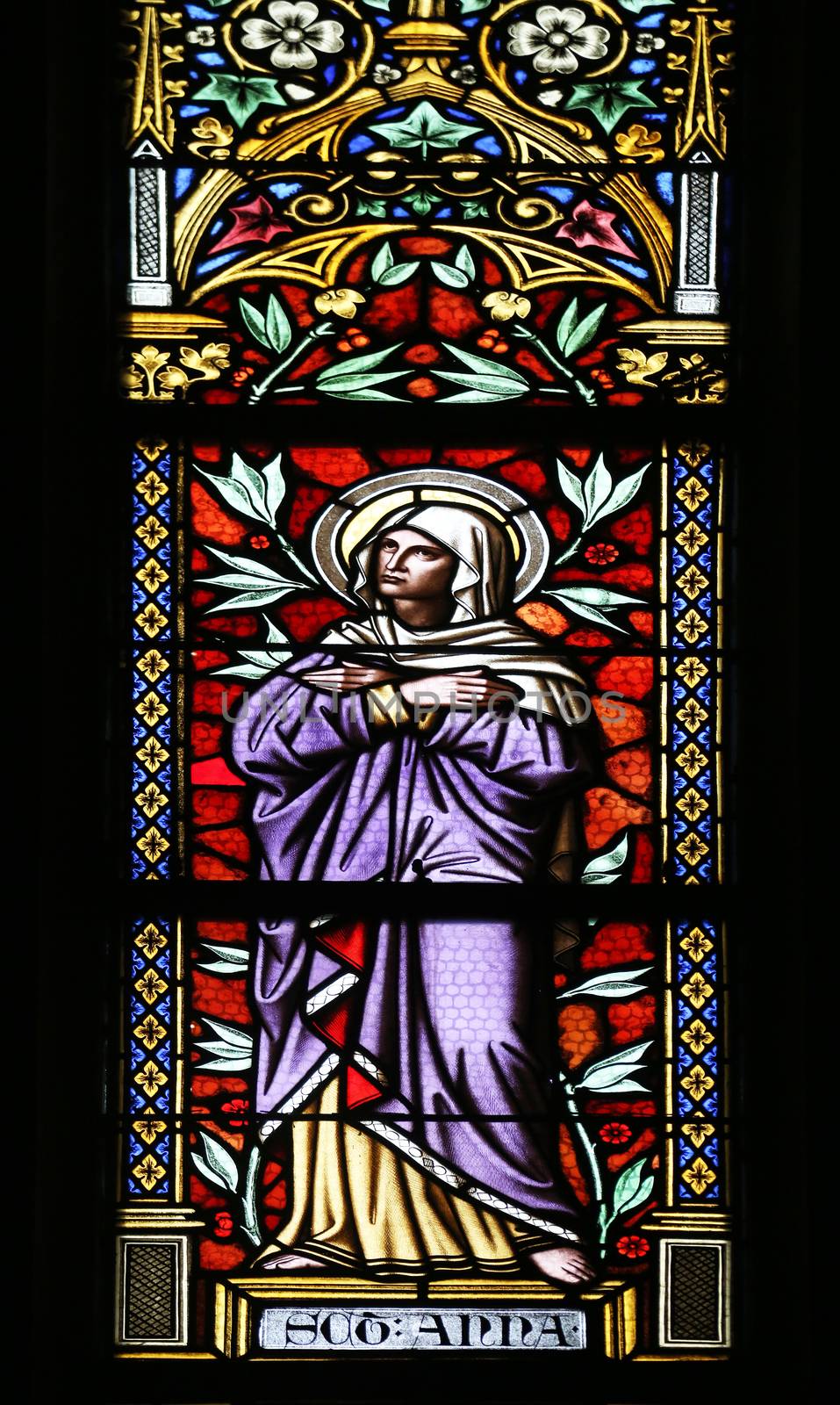 Saint Ann, stained glass window in parish church of Saint Mark in Zagreb, Croatia