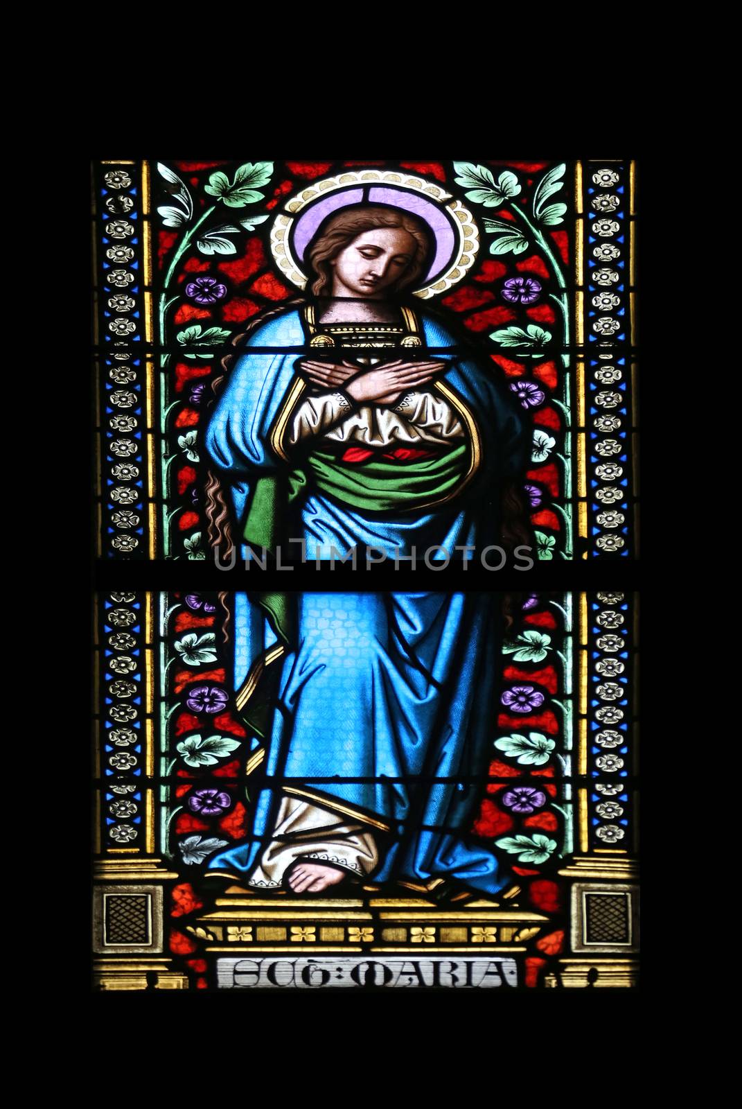 Virgin Mary, stained glass window in parish church of Saint Mark in Zagreb, Croatia