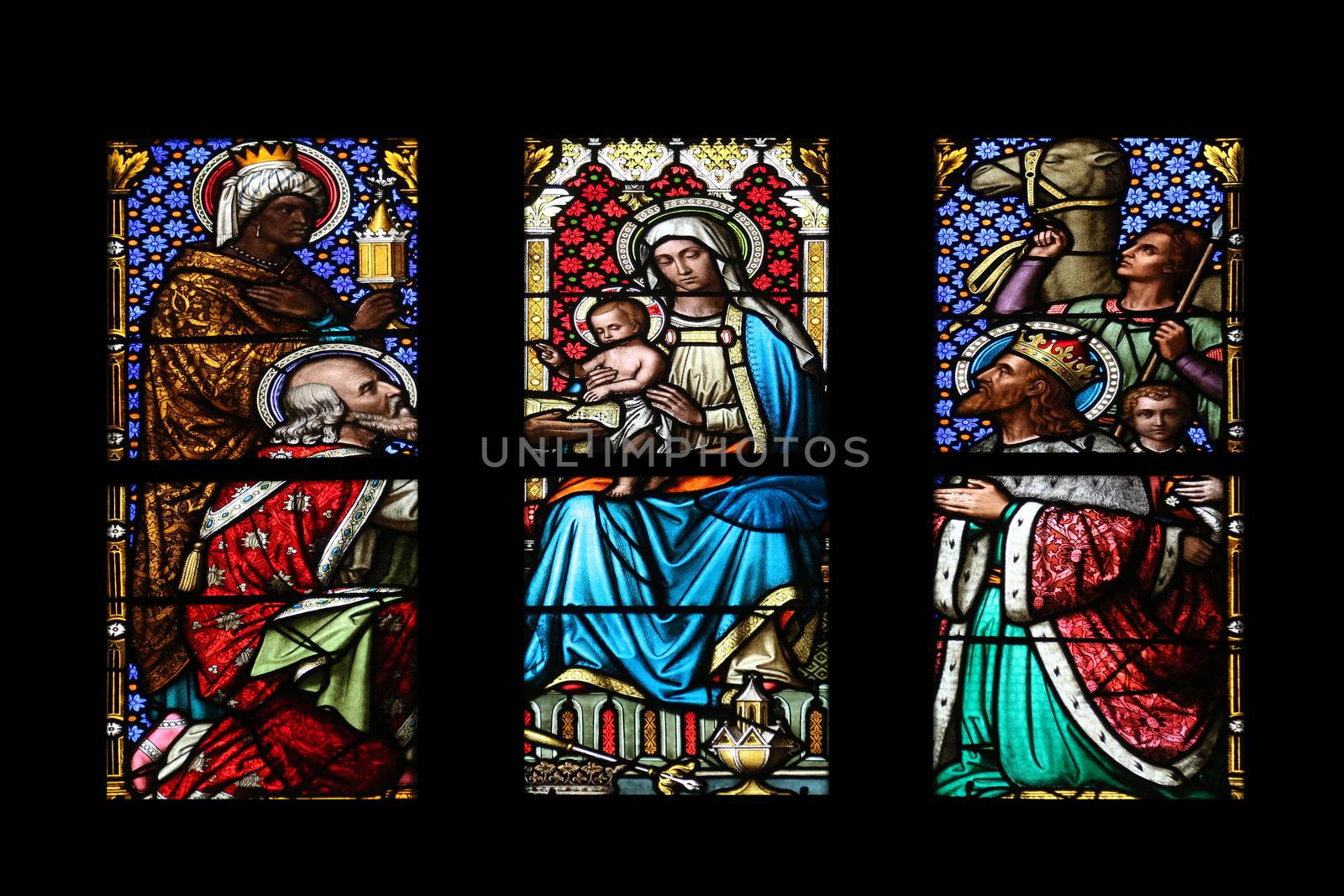 Nativity Scene, Adoration of the Magi, stained glass window in parish church of Saint Mark in Zagreb, Croatia