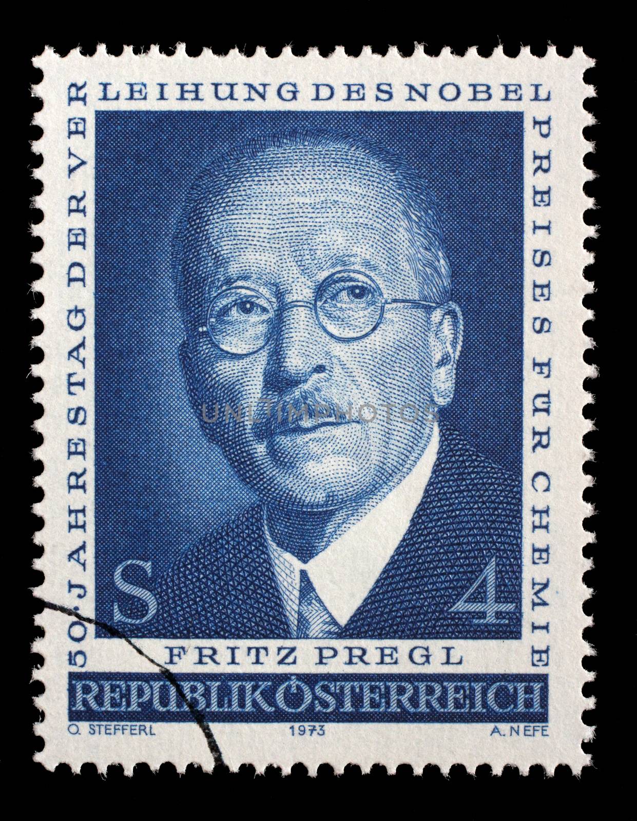 Stamp printed in the Austria shows Fritz Pregl, Chemist, 50th Anniversary of the Awarding of the Nobel Prize for Chemistry, circa 1973