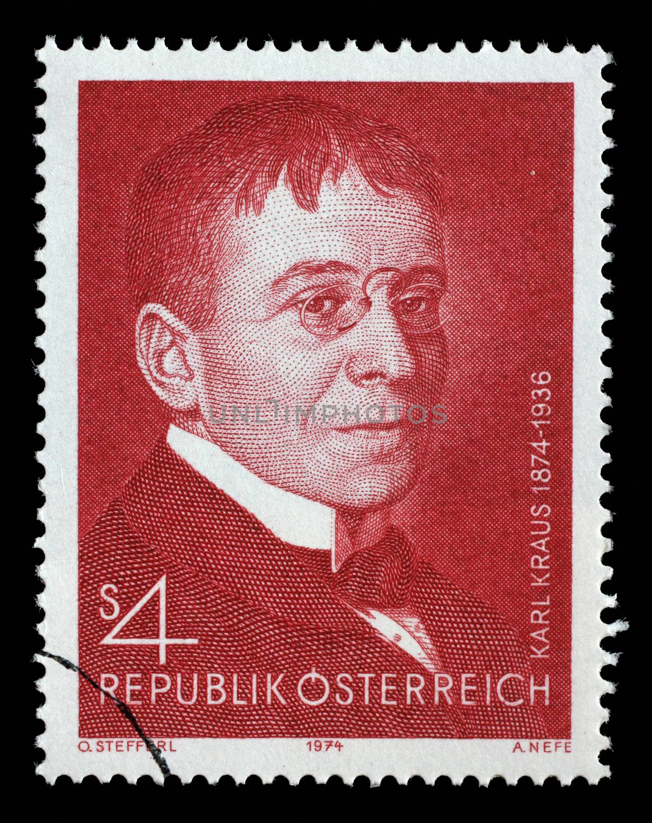 Stamp printed in the Austria shows Karl Kraus, Poet and Satirist by atlas