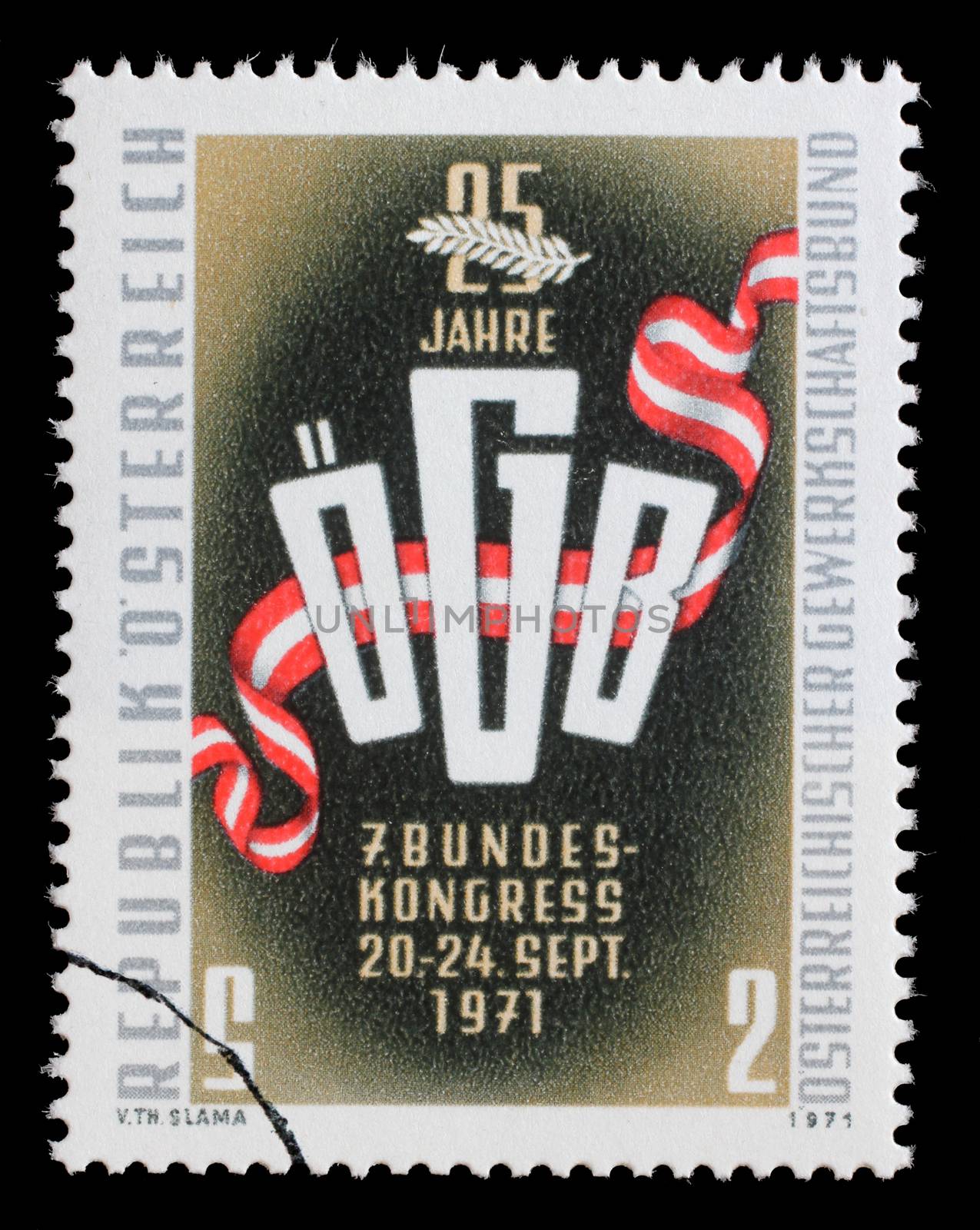 Stamp printed in the Austria shows Trade Union Emblem, 25th Anniversary of Austrian Trade Union Association, circa 1971