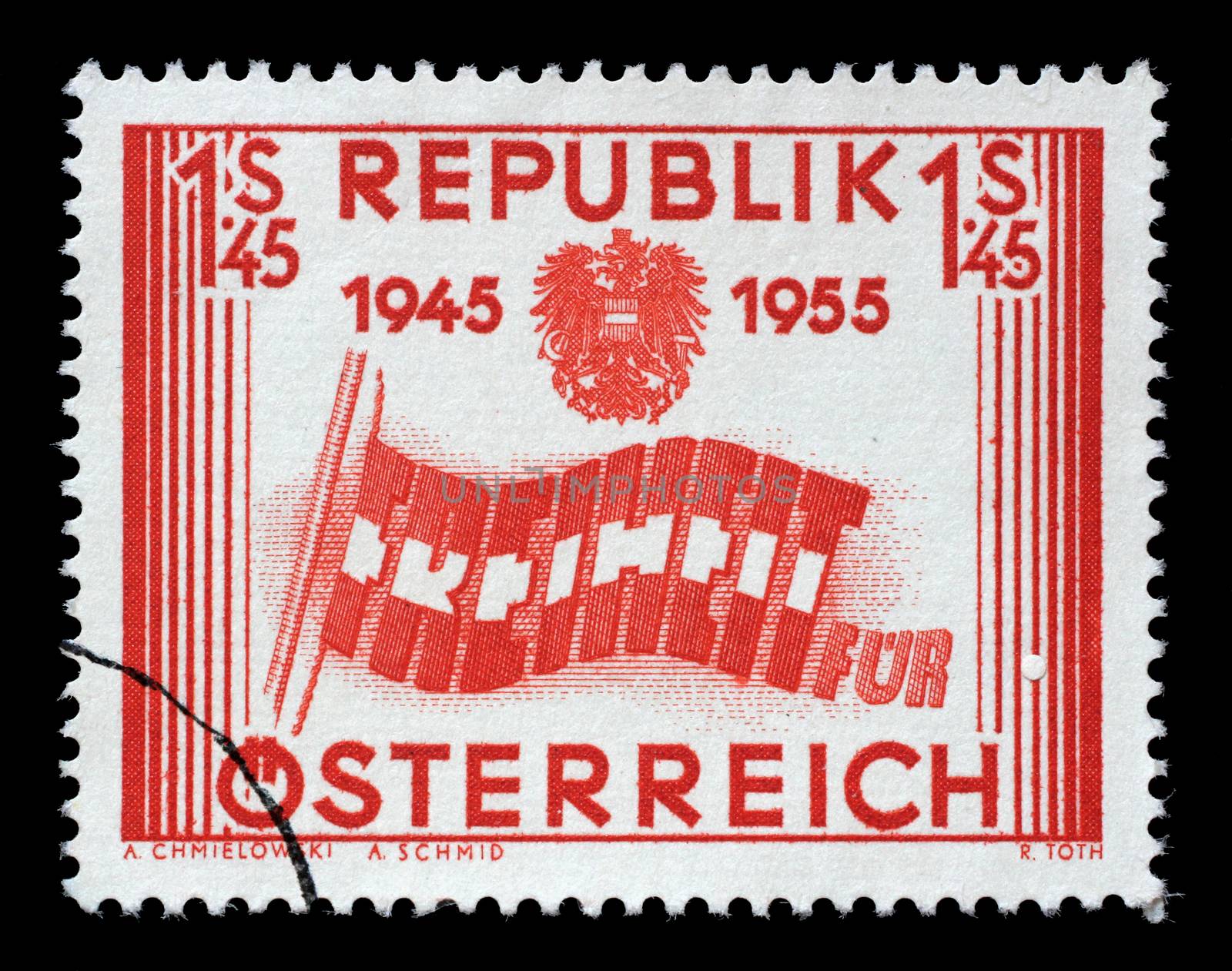 Stamp printed in the Austria shows Letters forming Flag, 10th Anniversary of Austria's Liberation, circa 1955