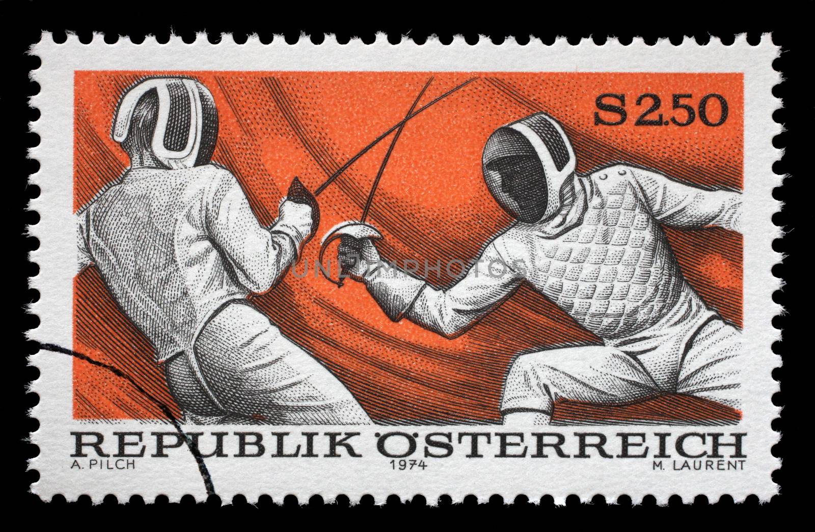 Stamp printed in austria shows fencing by atlas